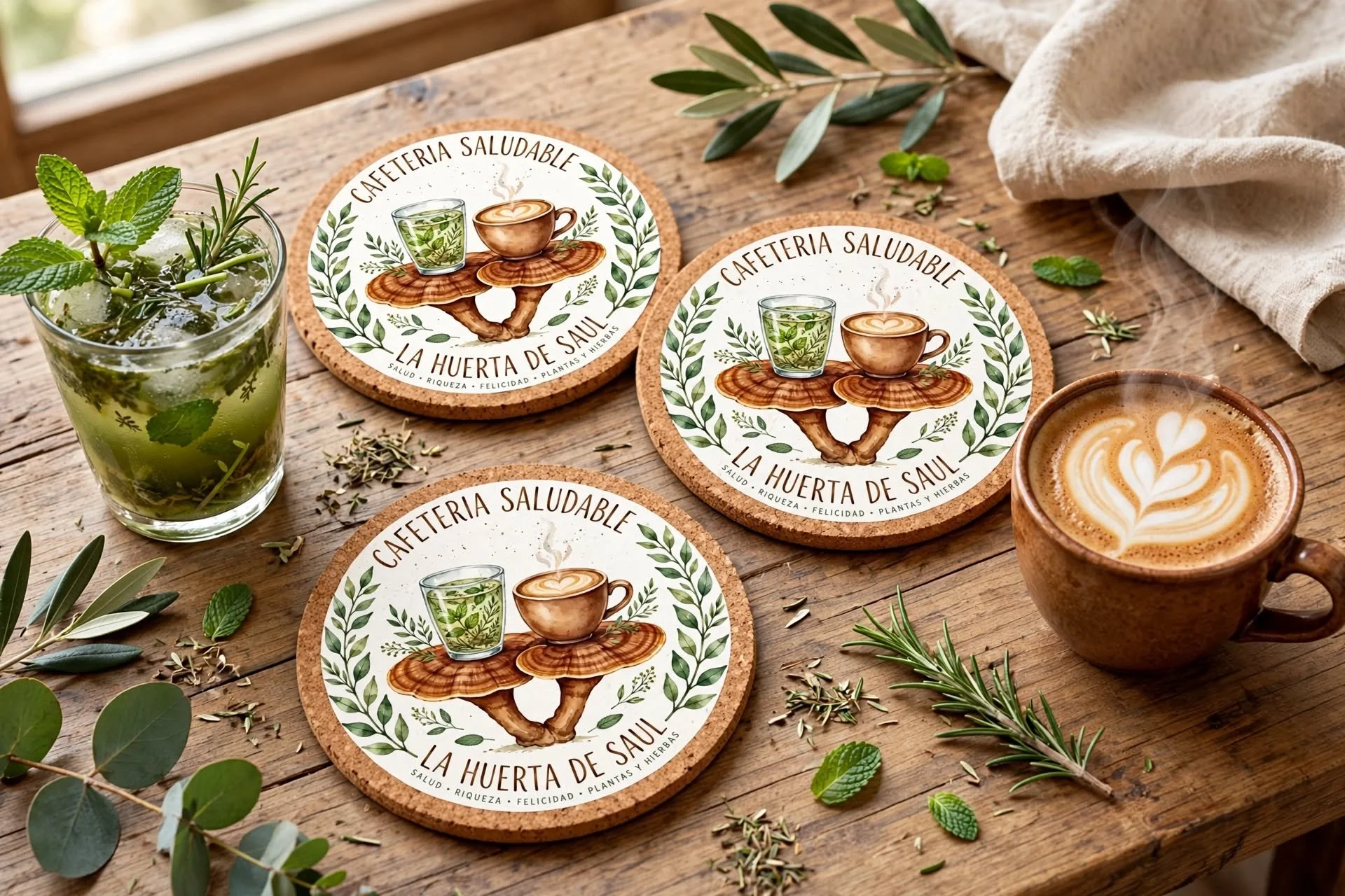 Vasos y botellas con infusiones de hierbas y café en una mesa de madera, con hojas de hierbas y coasters con el texto 'Cafetería Saludable La Huerta de Saul'.