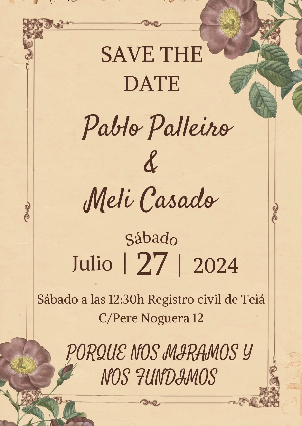 Invitación de boda con fondo beige y flores púrpuras, indicando la fecha, hora y lugar de la ceremonia y registro civil, con detalles decorativos en las esquinas.