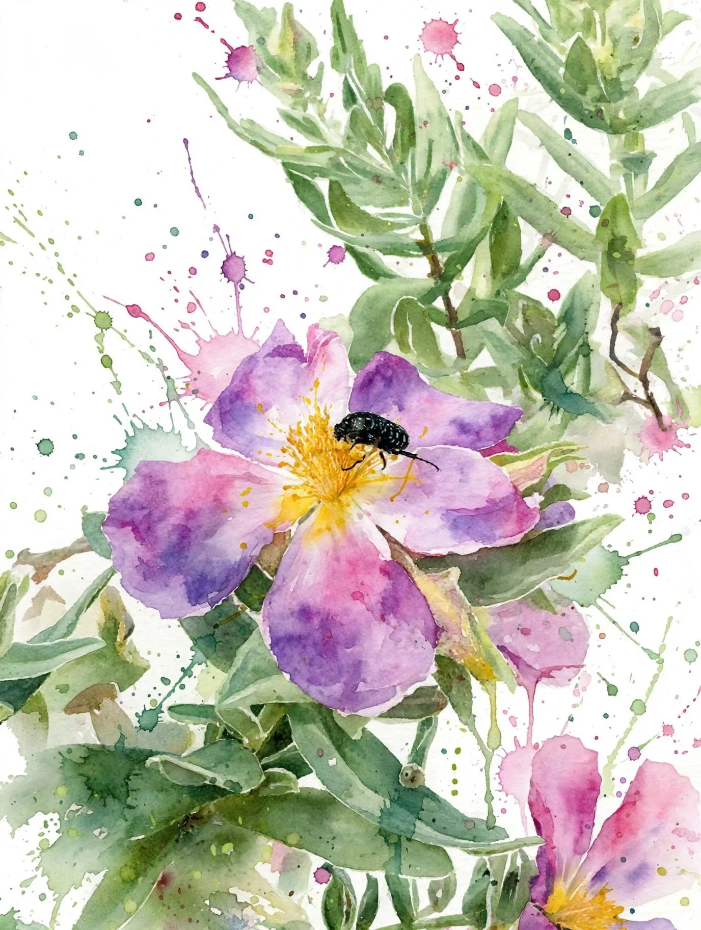 Ilustración en acuarela de una flor de color morado y amarilla con una abeja posada en ella, rodeada de hojas verdes y manchas de tinta de colores pastel.