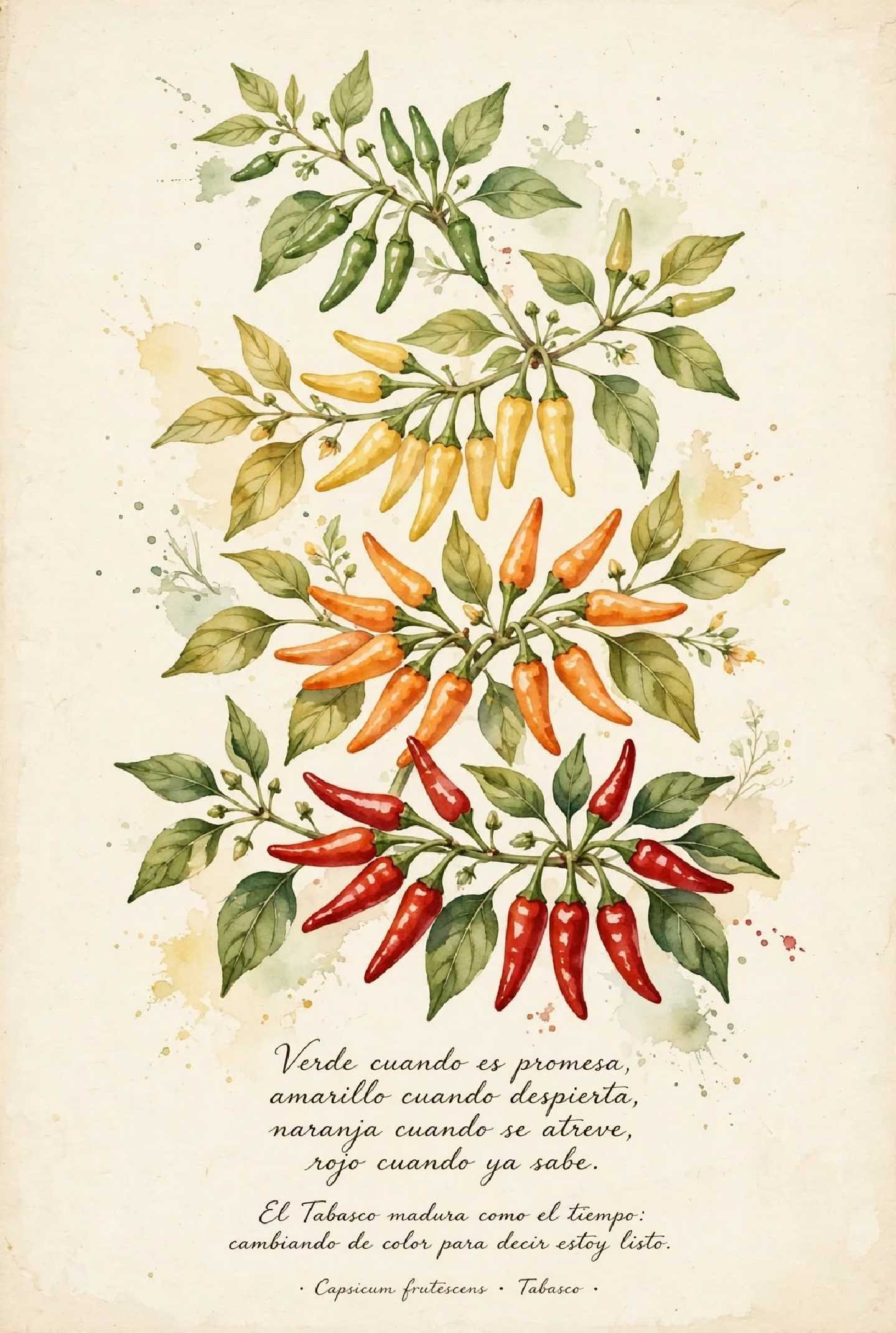 Ilustración artística de plantas de chile en diferentes etapas de madurez, de verde a rojo, acompañada de un poema en español que habla sobre los cambios de color de las hojas de tabaco con el tiempo.