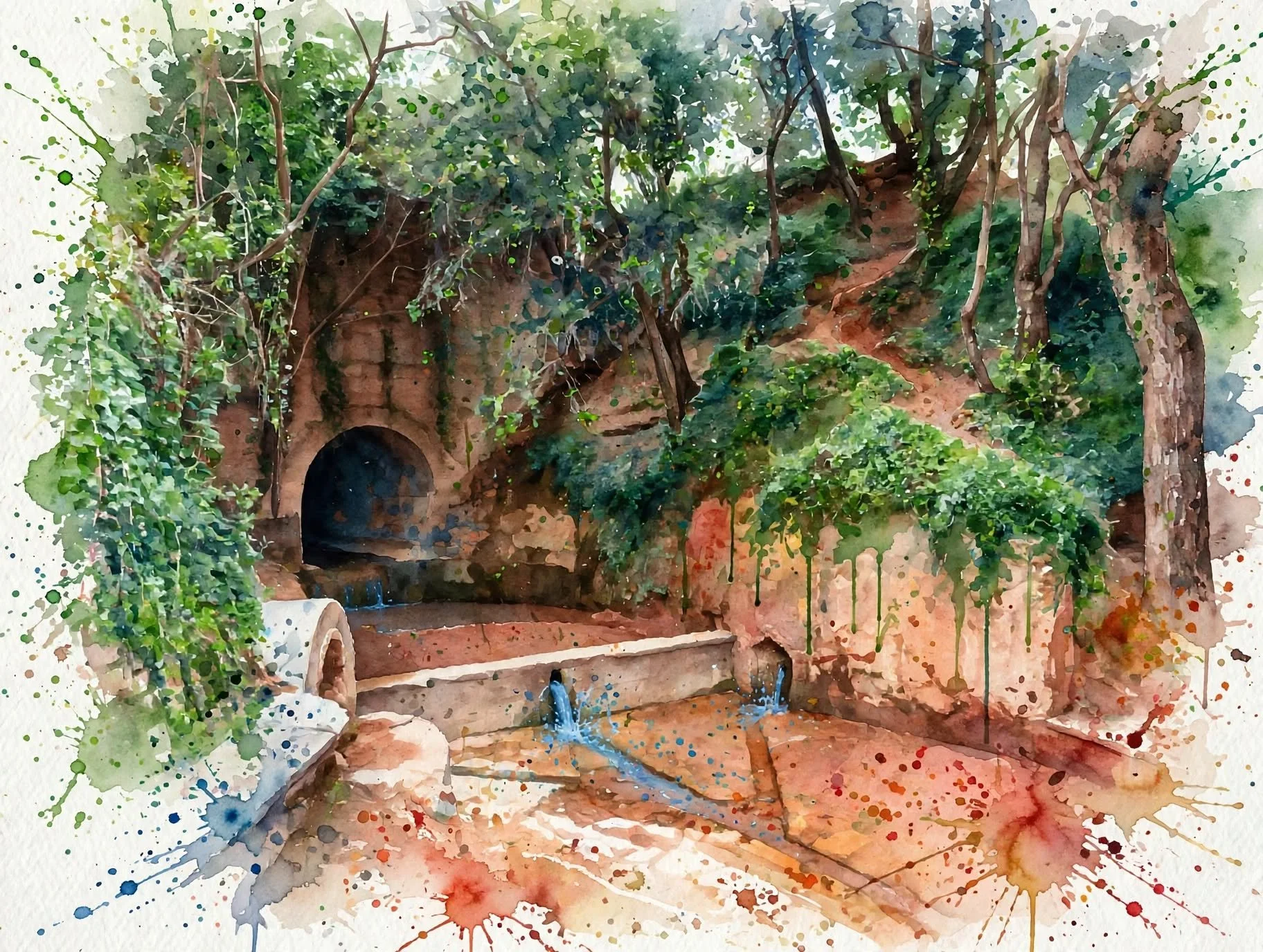 Una cascada de agua pequeña que brota de un caño en una estructura de piedra, rodeada de vegetación y árboles, en un ambiente que parece un jardín o patio.