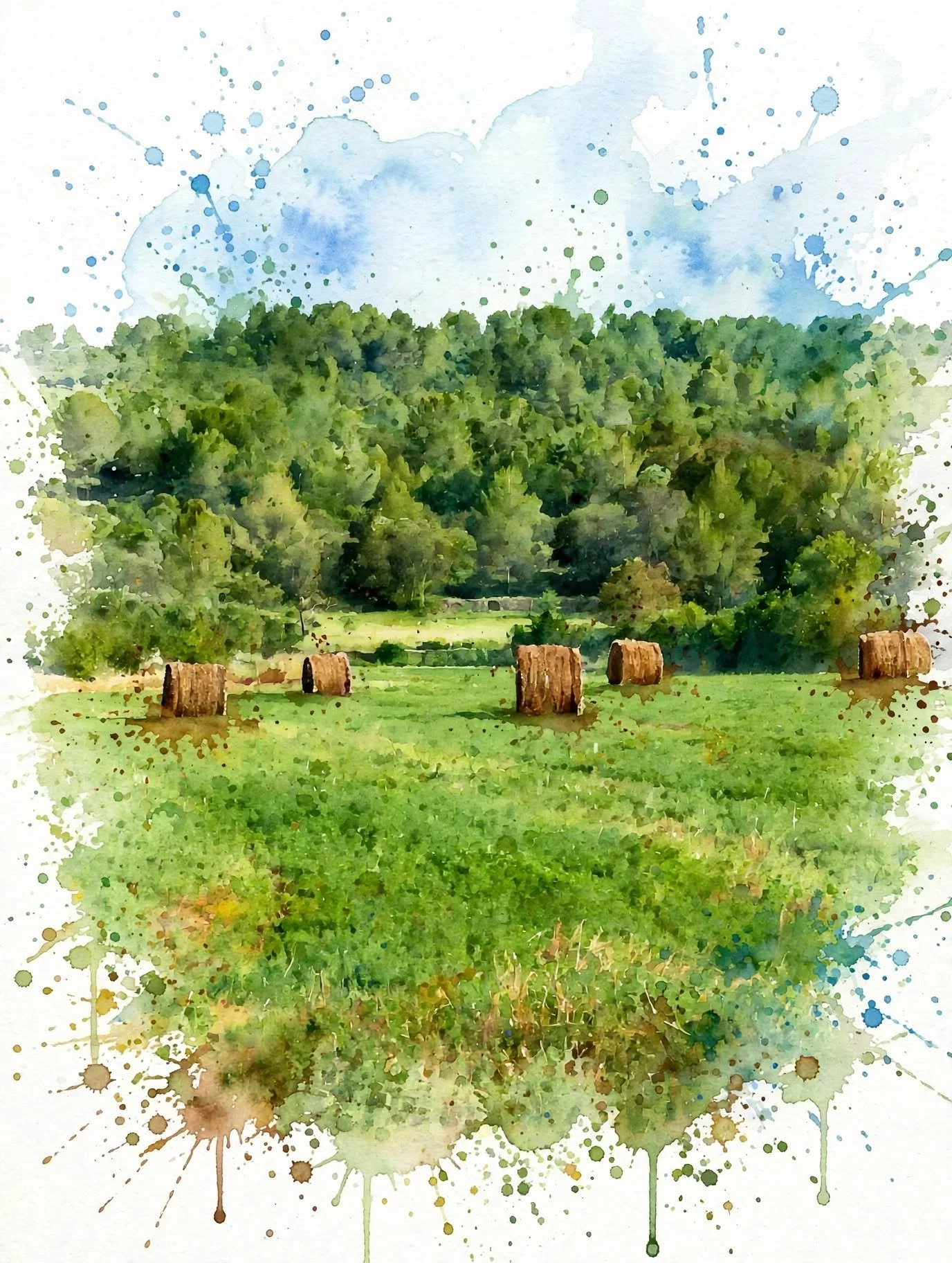 Paisaje de campo con árboles verdes y cilindros de paja en el césped, estilo acuarela con salpicaduras de pintura en el fondo.