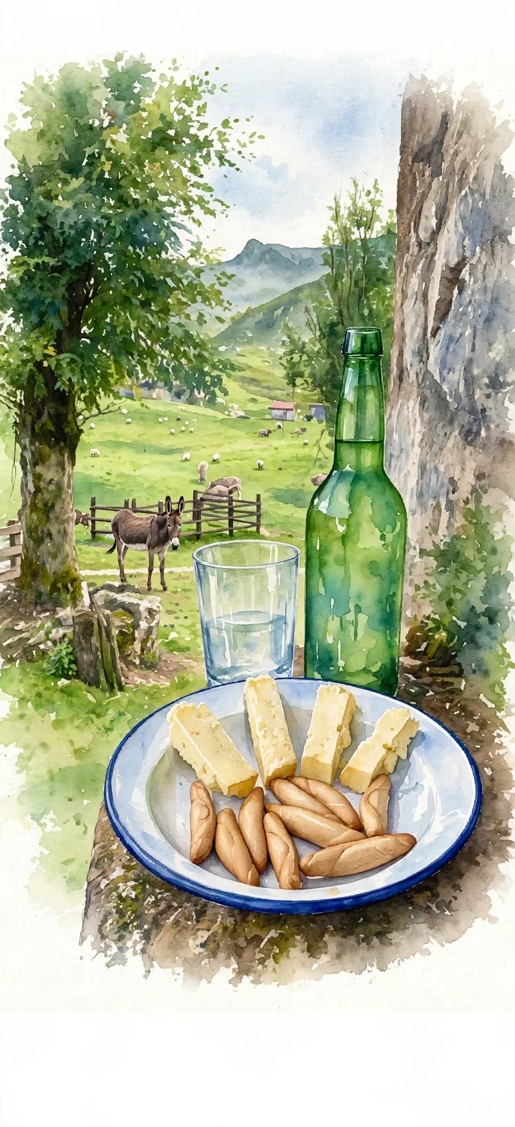 Vista de un paisaje rural con montañas, árboles y pastizales con ovejas y un burro, vista desde una mesa con botella de vidrio, vaso con agua, queso y salchichas.