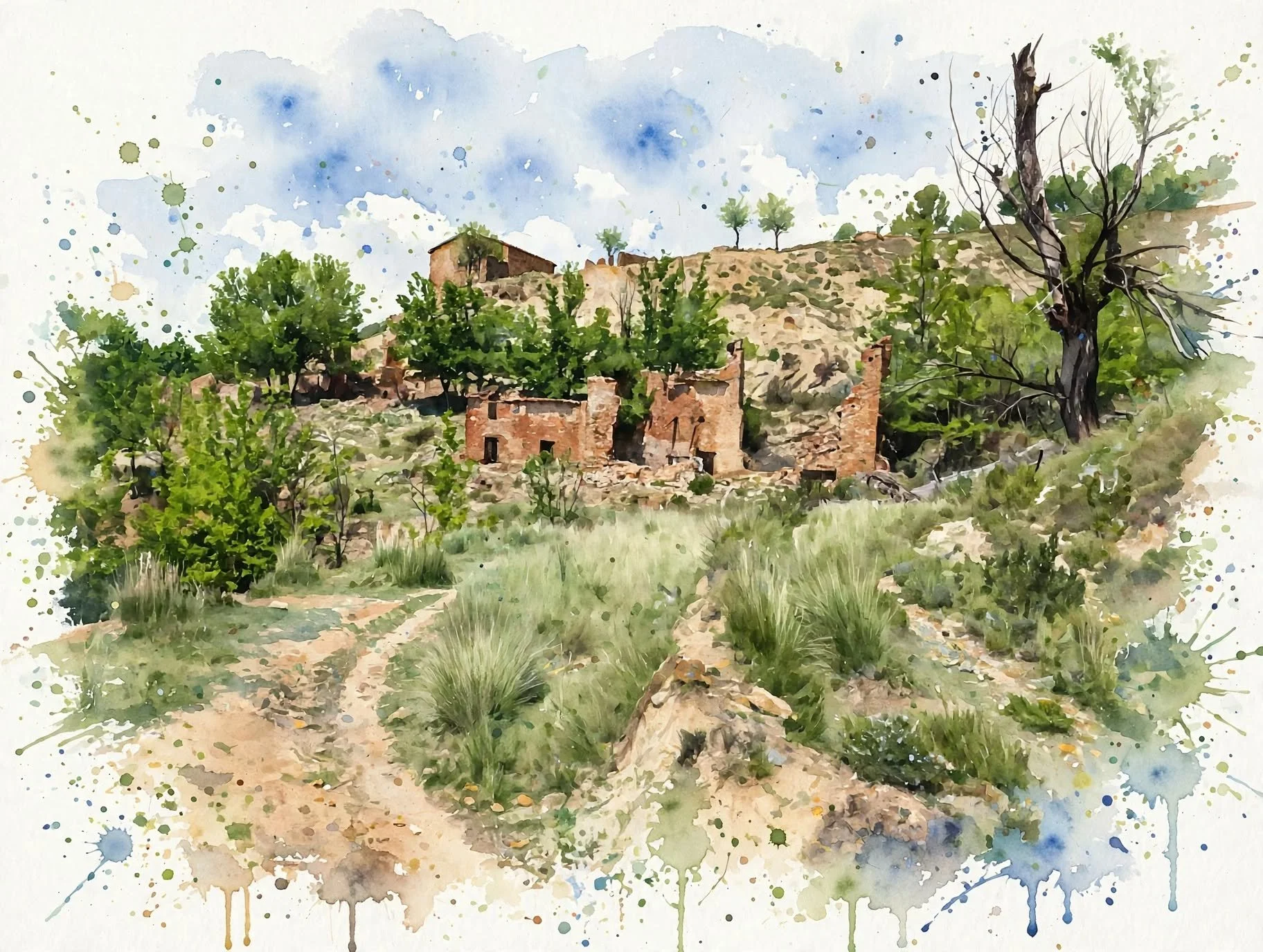 Paisaje pintado con acuarela que muestra una colina con casas de barro, árboles verdes y un árbol seco, bajo un cielo con nubes y manchas de pintura en diferentes colores.