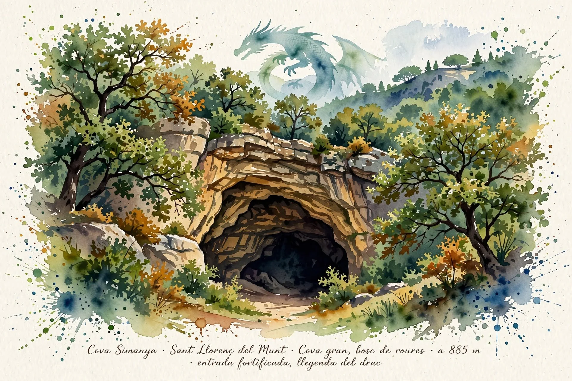 Ilustración de un túnel en una cueva llamada Cova Simanya, ubicada en Sant Llorenç del Munt, en un bosque de robles a 885 metros de altitud, con un dragón en el fondo y árboles alrededor.