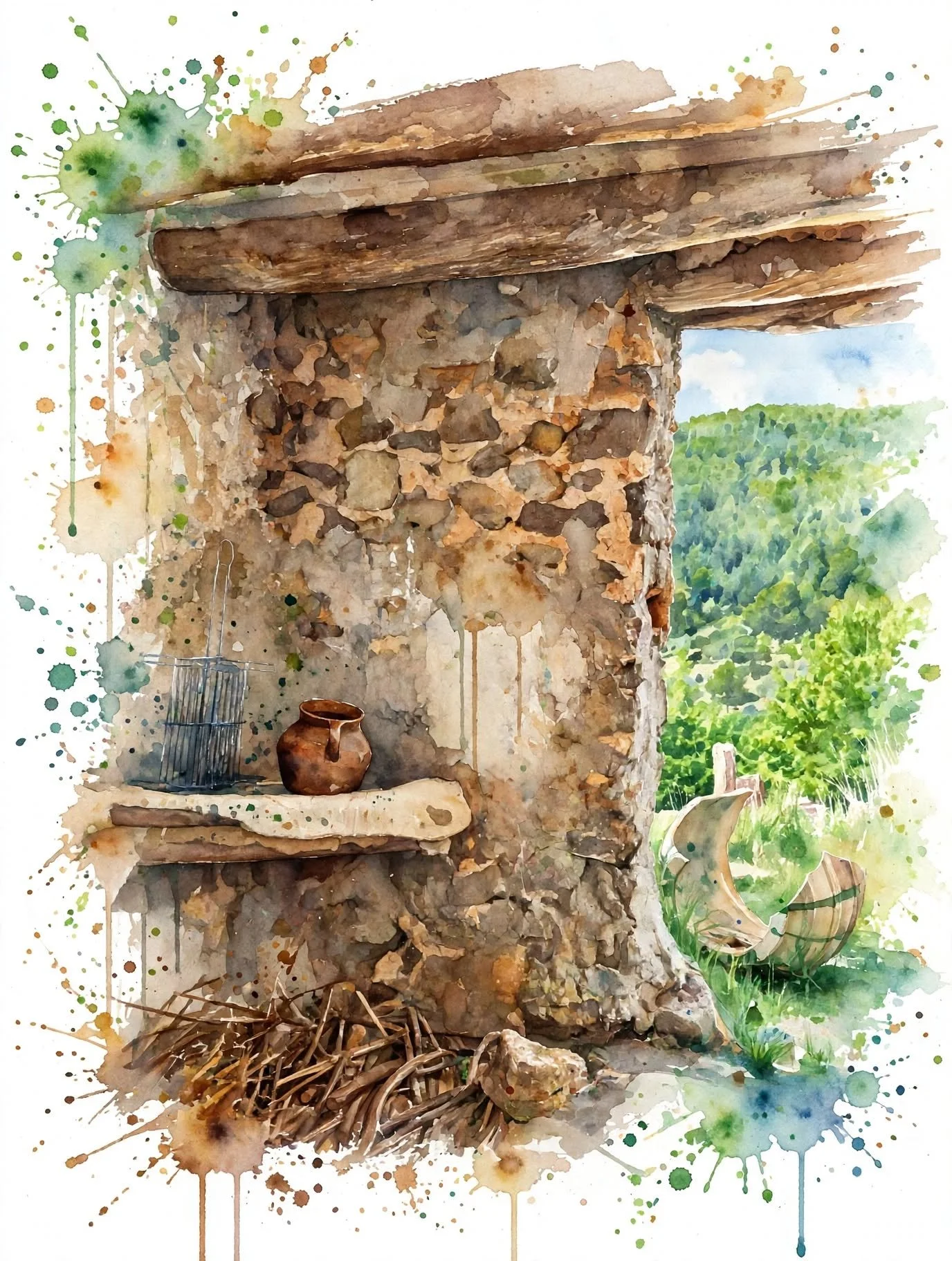 Muro de piedra con techumbre de madera y objetos de cerámica y metal, paisaje verde al fondo.