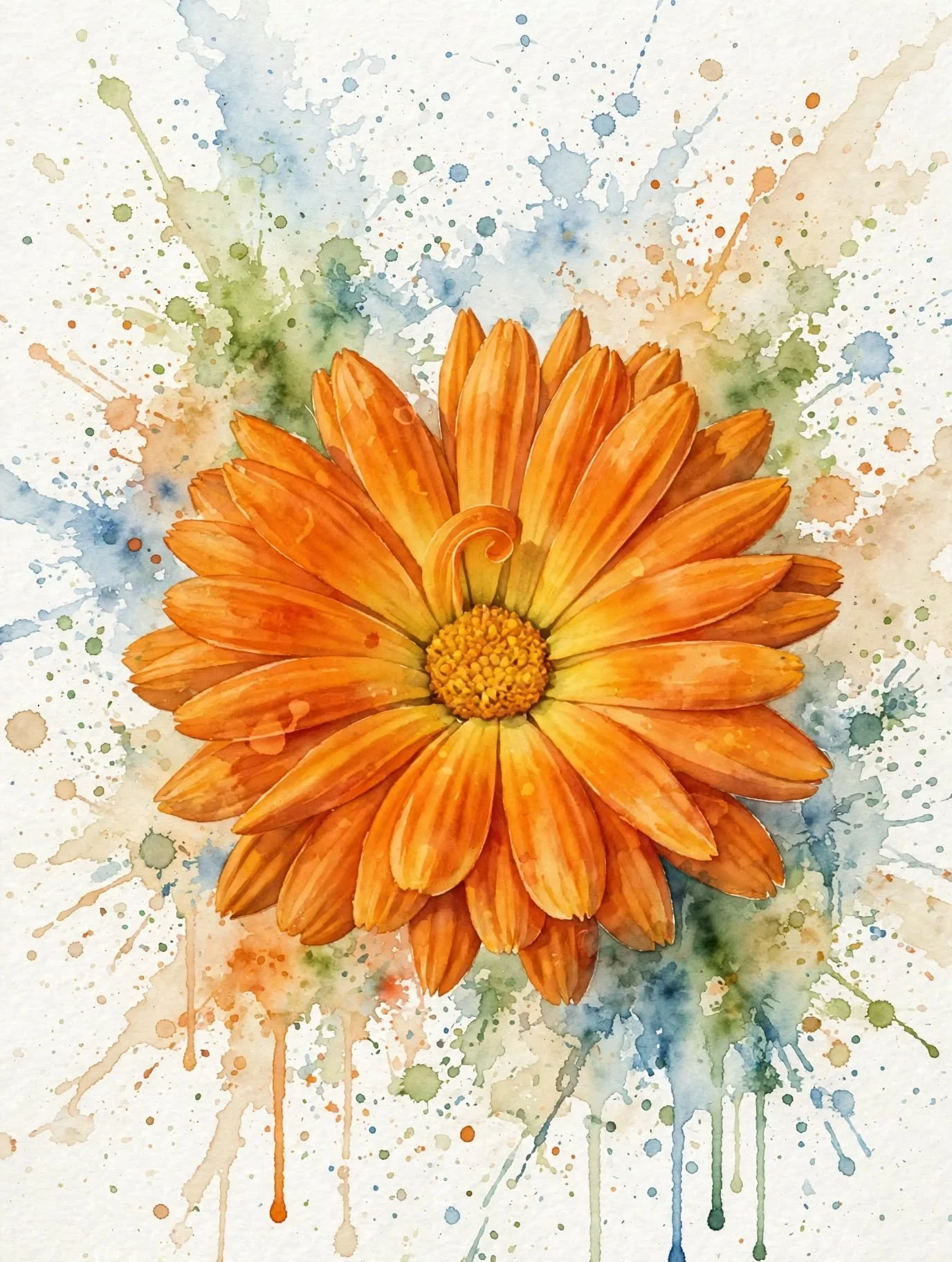Flor anaranjada con fondo de manchas de acuarela de colores en tonos verdes, azules, naranjas y marrones.