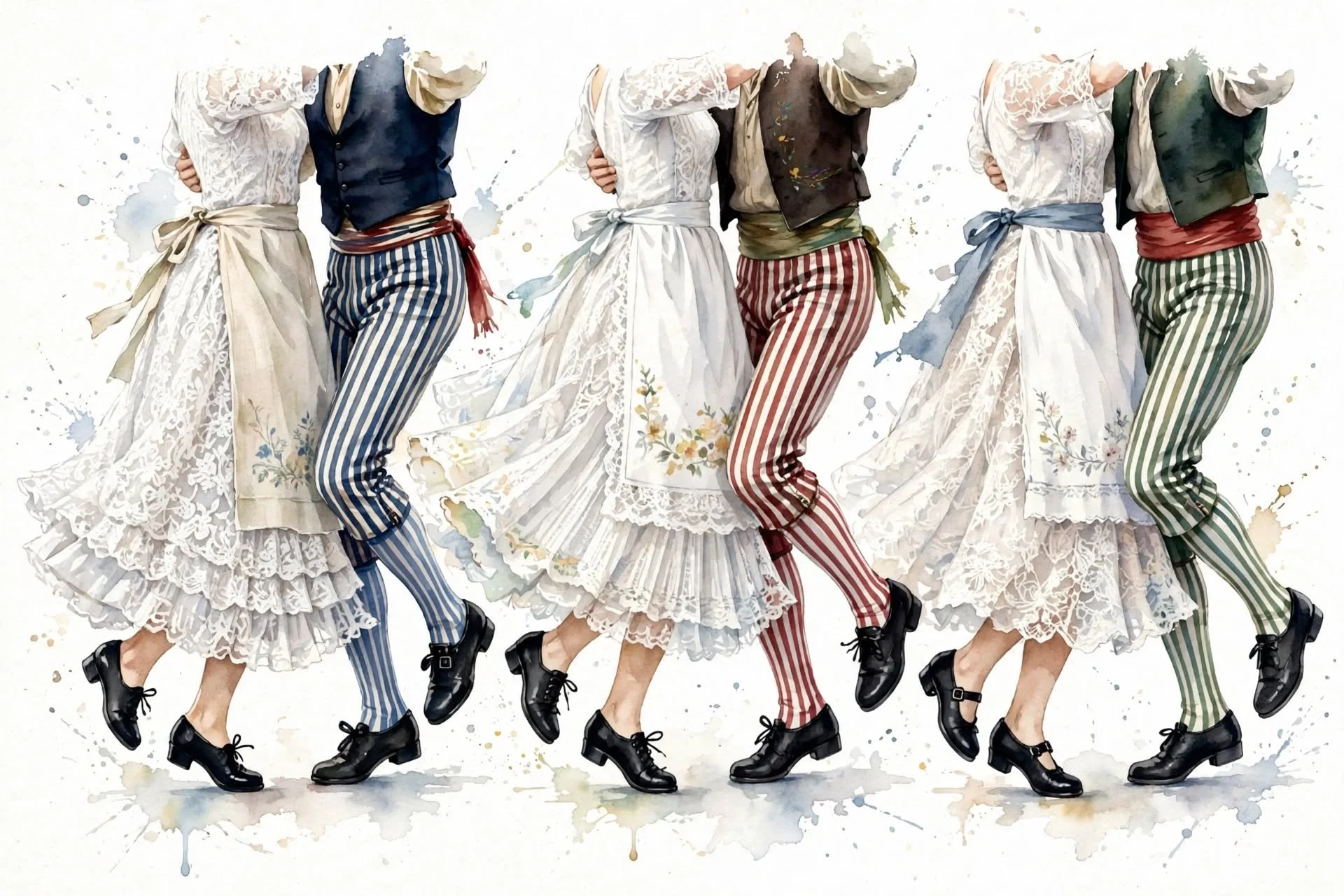 Grupo de personas bailando con ropa de estilo tradicional italiano, incluyendo vestidos largos con encajes y pantalones a rayas, con los rostros ocultos al hacer un paso de baile conjunto.