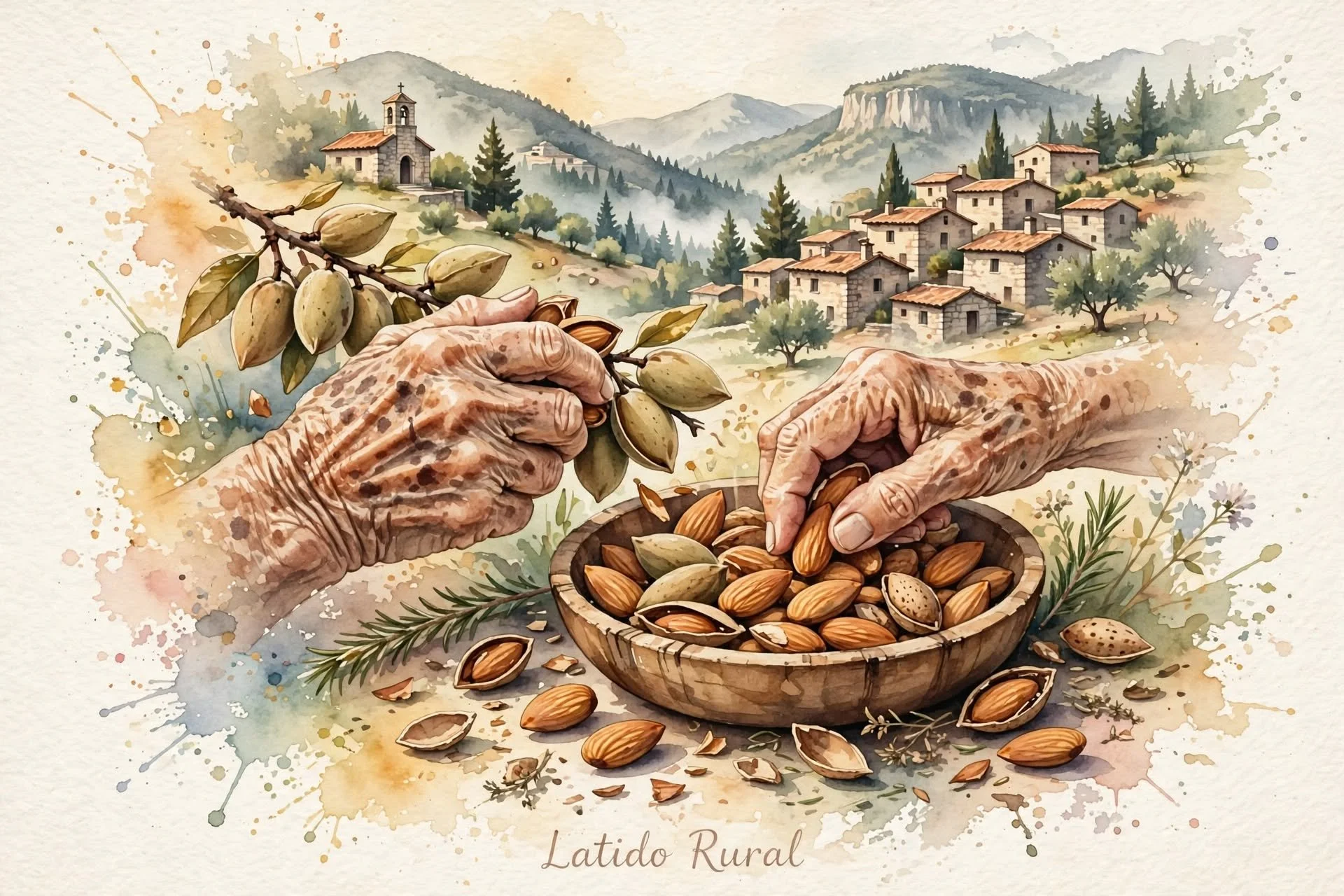 Manos ancianas partiendo almendras en un pueblo rural en las montañas.