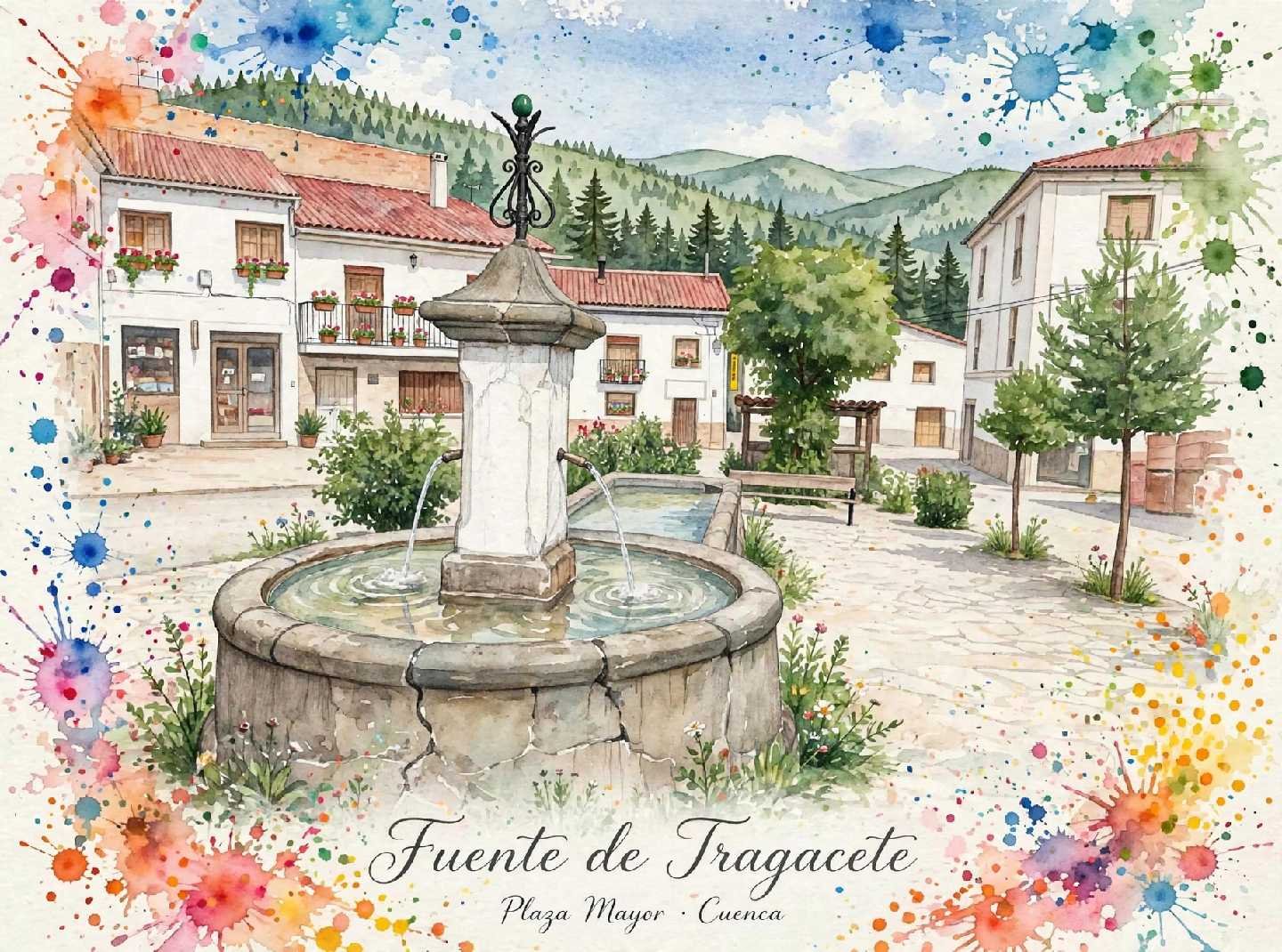 Pintura artística de una plaza con fuente en Tragacete, Cuenca, rodeada de casas con flores y árboles, con montañas de fondo y salpicaduras de acuarela en los bordes.