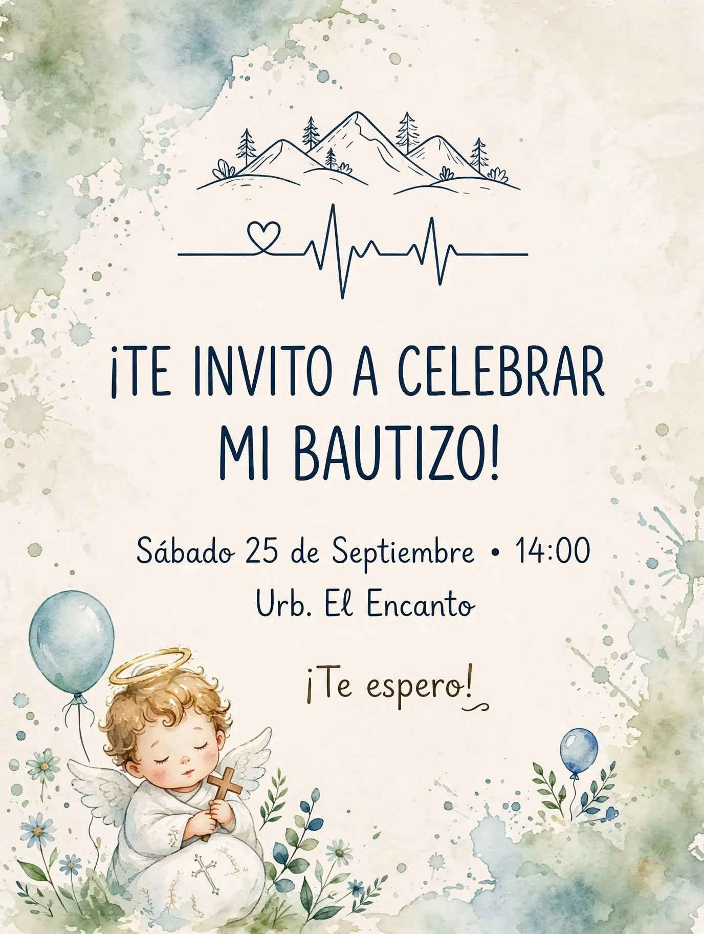 Invitación a una celebración de bautizo con ilustración de un niño con alas, corona y cruz, en un fondo de agua y globos, con montañas y árboles, texto en español invitando a asistir en sábado 25 de septiembre a las 14:00 en Urb. El Encanto.