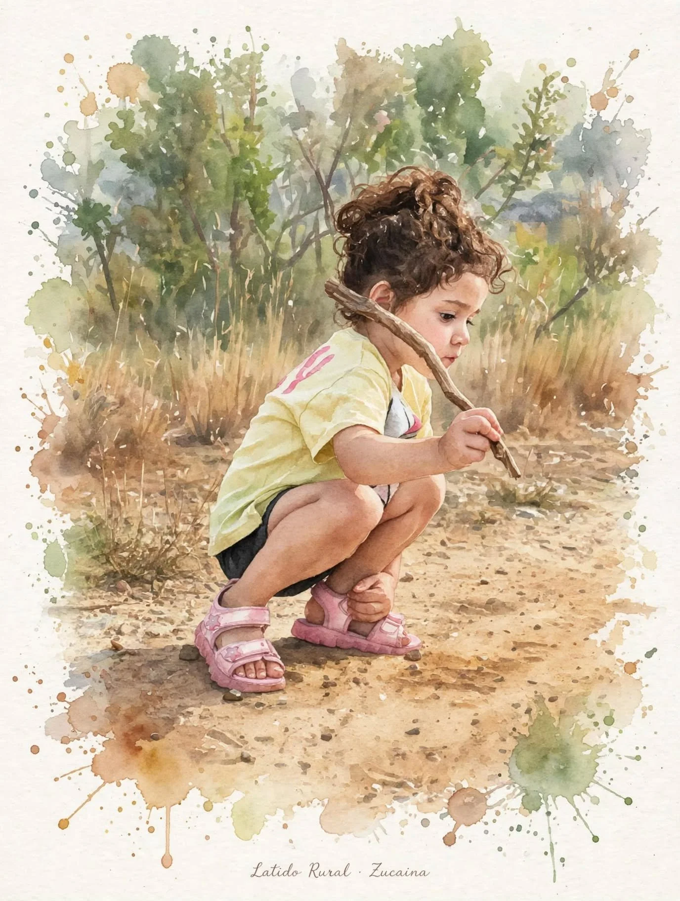 Una niña pequeña con cabello rizado y piel clara, que está agachada en un campo de tierra, sosteniendo un trozo de madera. Ella lleva una camiseta de color amarillo con detalles rosas, pantalones cortos oscuros y sandalias rosas. El fondo muestra arb