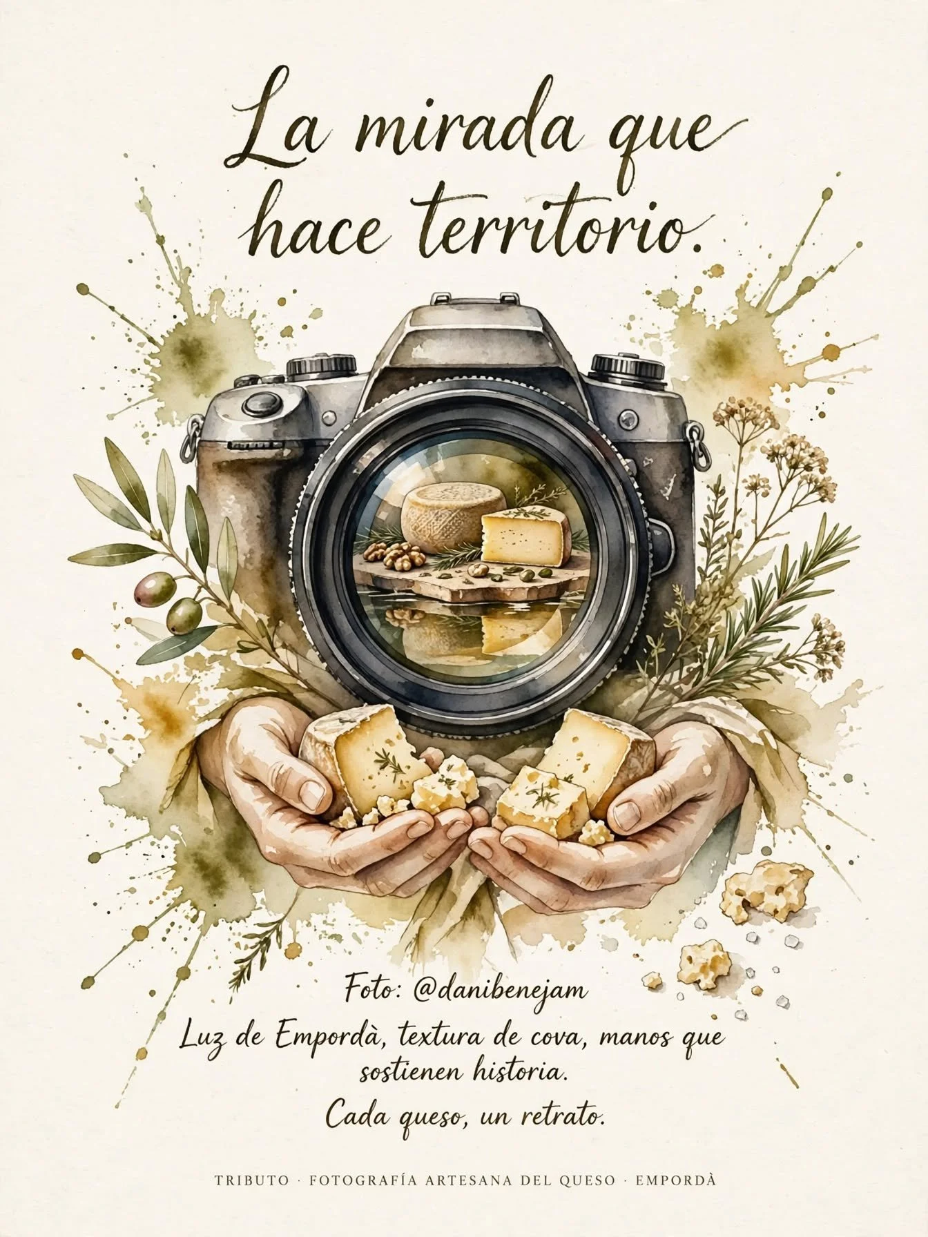 Una ilustración artística de una cámara fotográfica con una rueda de queso dentro del lente, rodeada de ramas, hojas y aceitunas. Abajo, manos sostienen diversos trozos de queso, algunos con hierbas. La imagen incluye una cita que dice «La mirada que