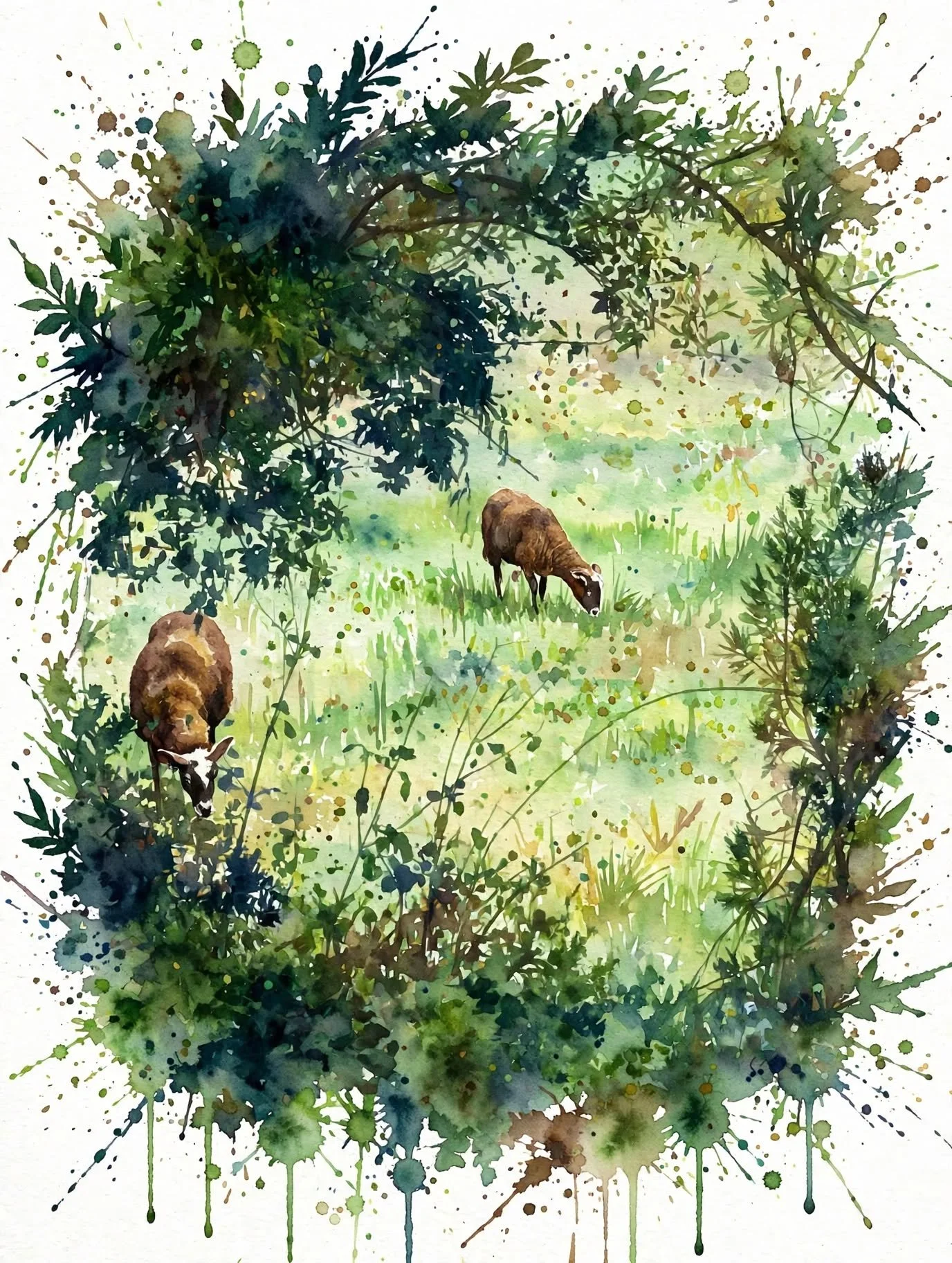 Ilustración en acuarela de dos vacas pastando debajo de árboles en un campo verde con manchas de pintura en diferentes tonos