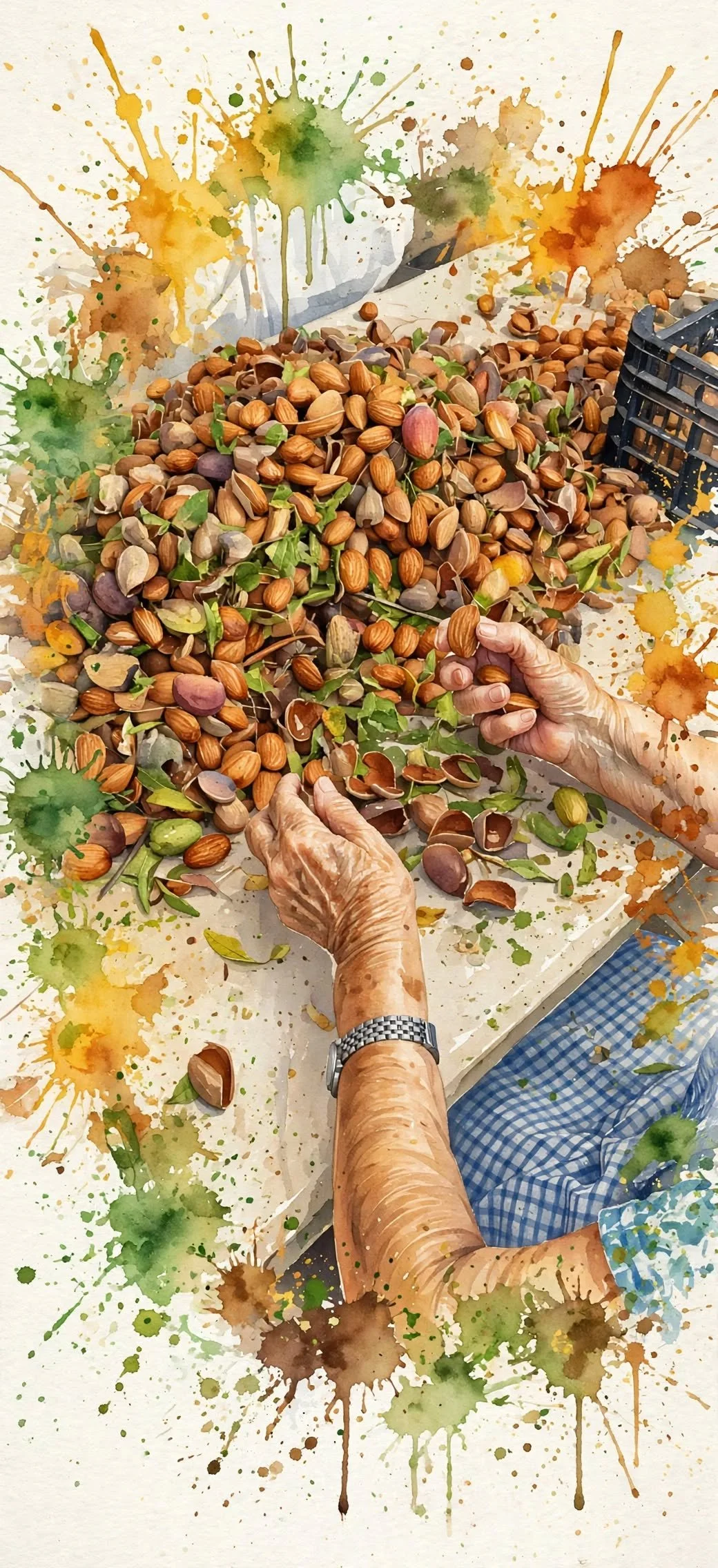 Manos de una persona adulta seleccionando nueces en una mesa cubierta con diferentes tipos y cáscaras de nueces, con fondos de salpicaduras de pintura en colores verdes y marrones.