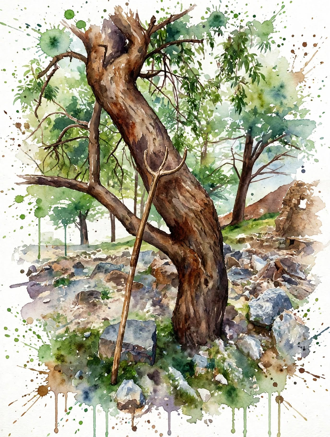 Árbol en un paisaje rodeado de rocas, con hojas verdes y ramas, en estilo acuarela con salpicaduras de tinta.