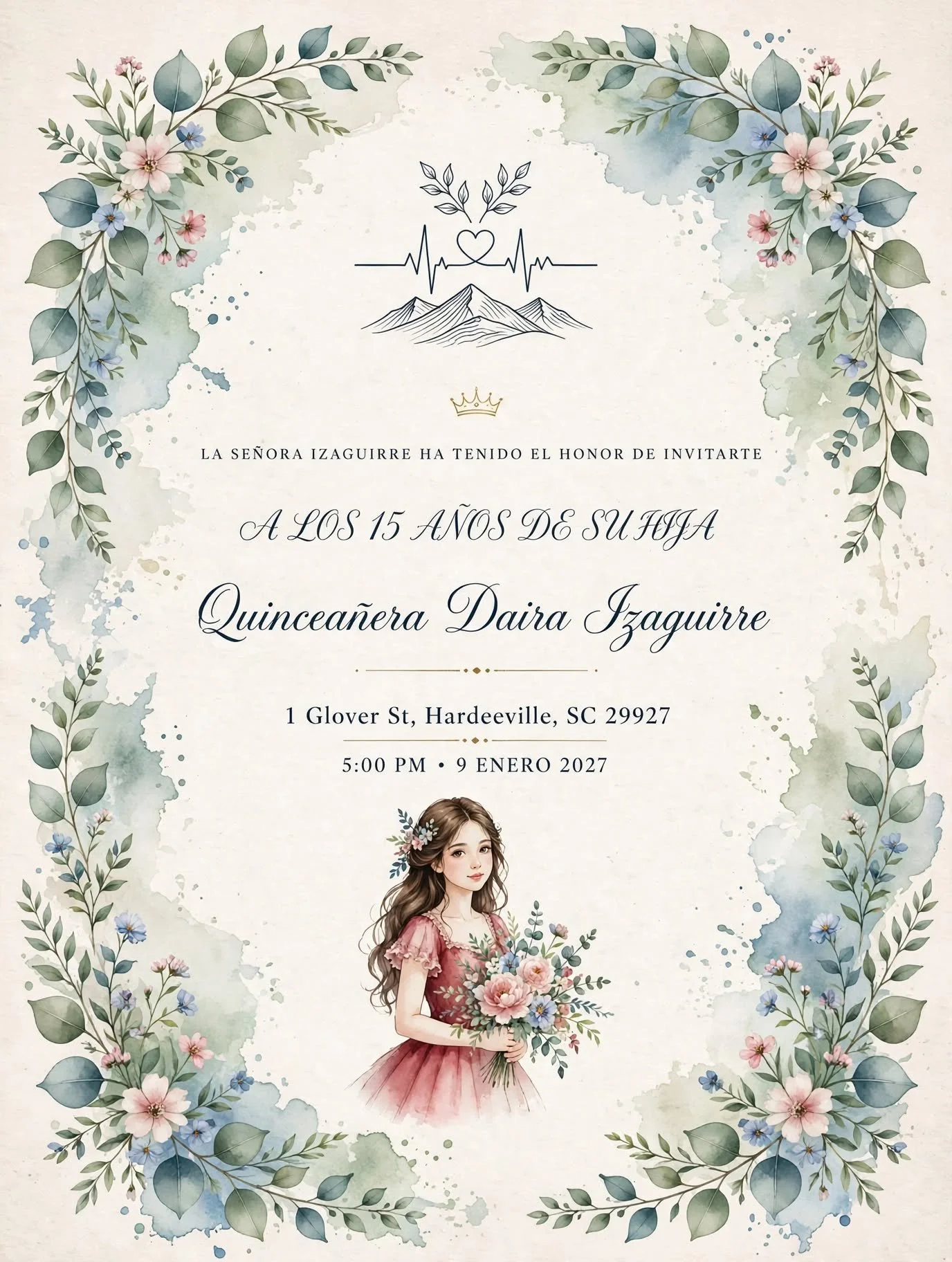 Invitación de boda con ilustración de una joven con ramo de flores, detalles florales en los bordes y símbolos de corazón, montaña y corona.