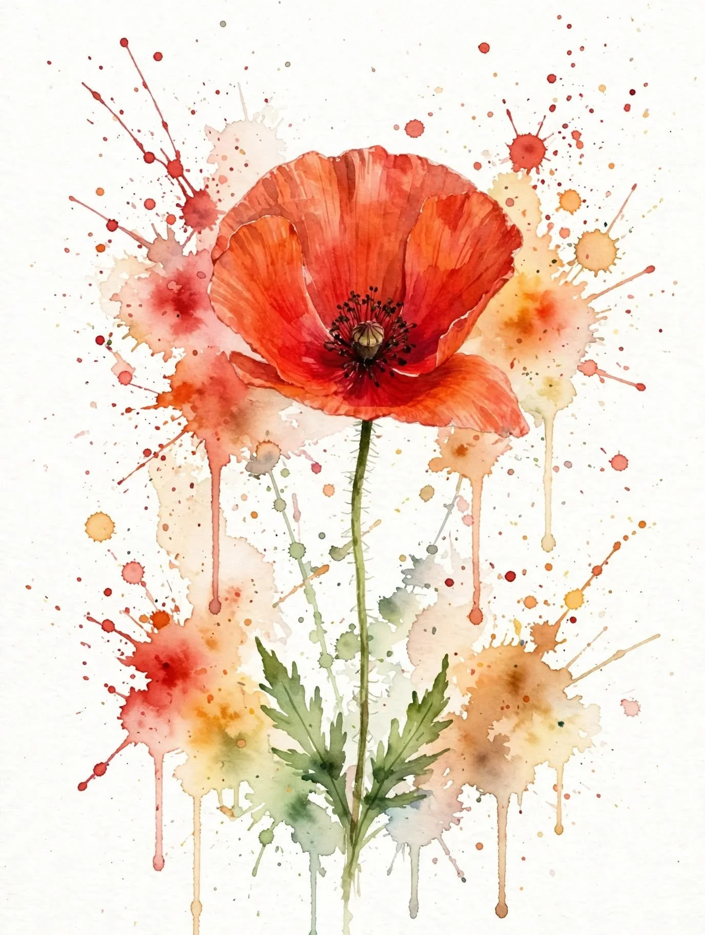 Ilustración de una amapola en estilo acuarela con salpicaduras de pintura en tonos naranjas, rojos y verdes.