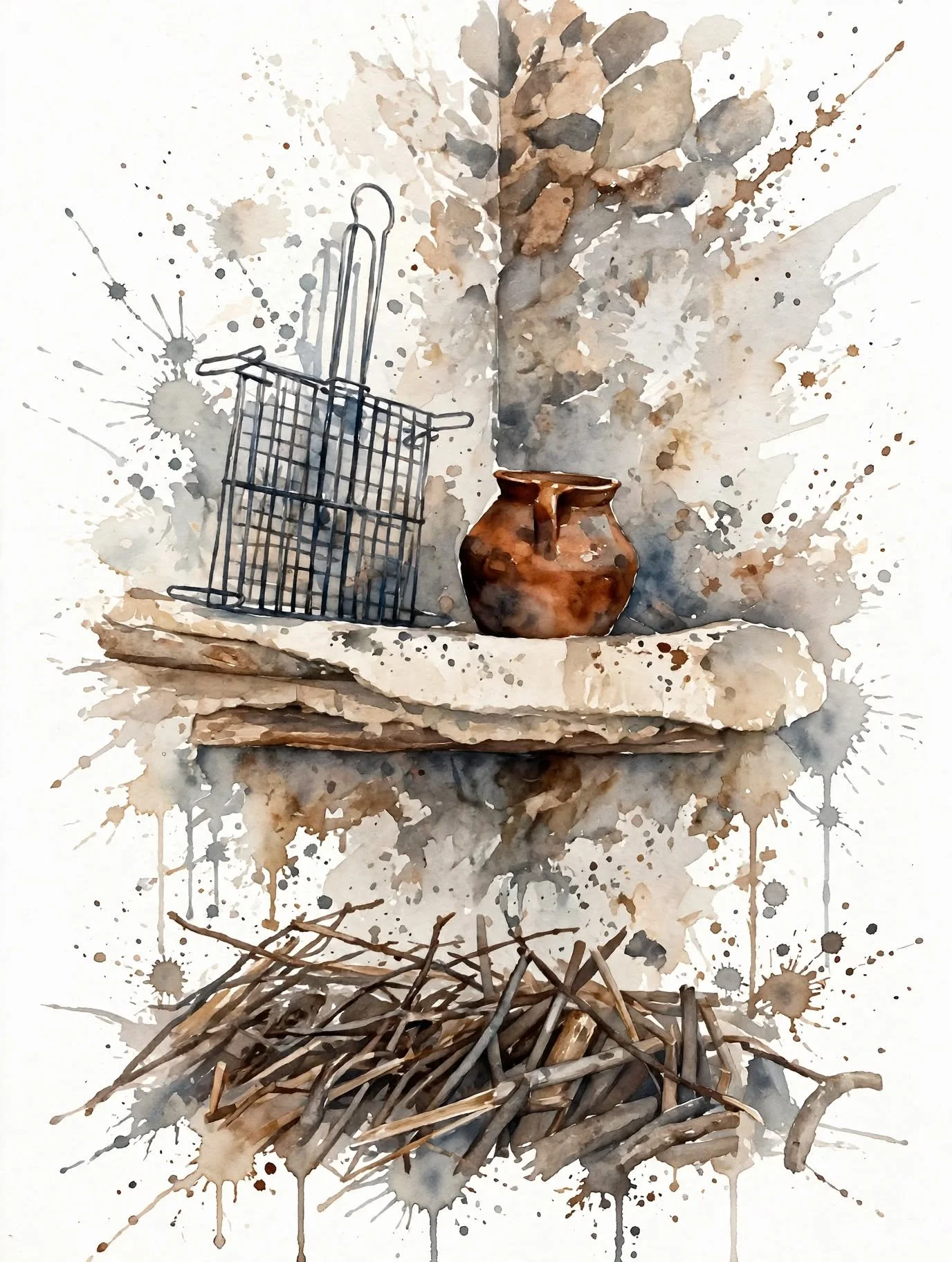 Dibujo de una repisa con un jarrón de barro, una silla metálica y un montón de ramas secas en un estilo acuarela o pintura artística.