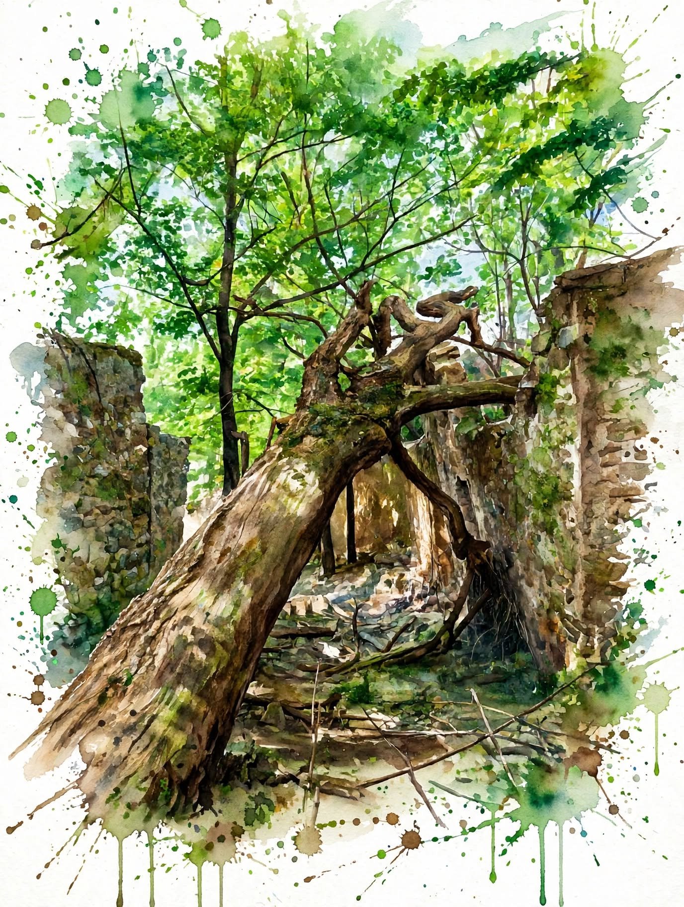 Árbol caído en un entorno natural con muros de piedra y vegetación, todo representado en estilo de acuarela con salpicaduras de pintura en diferentes tonos de verde, marrón y beige.