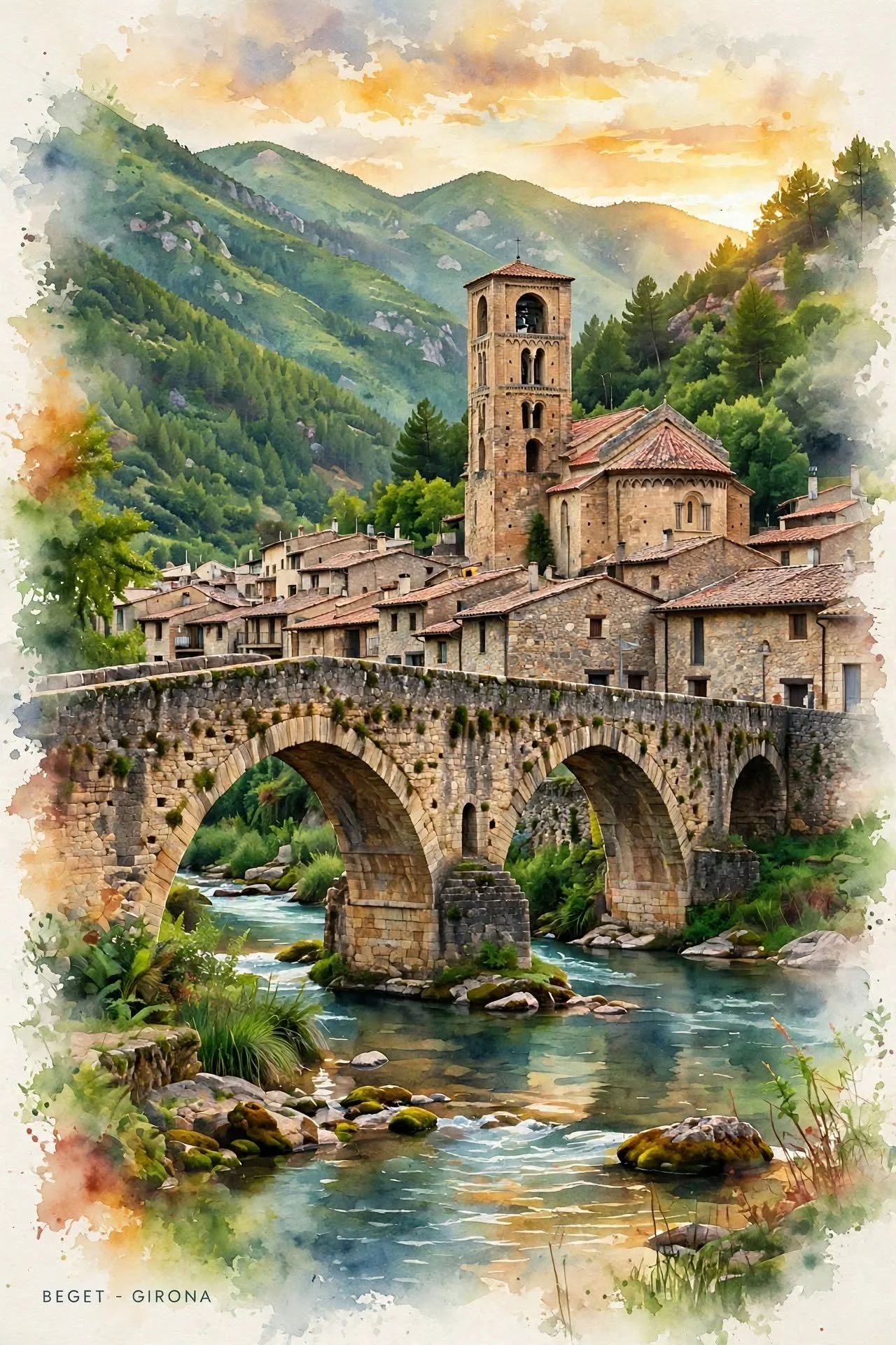 Paisaje pintado que muestra un puente de piedra sobre un río, con un pueblo y una iglesia en las montañas verdes al fondo, durante el atardecer.