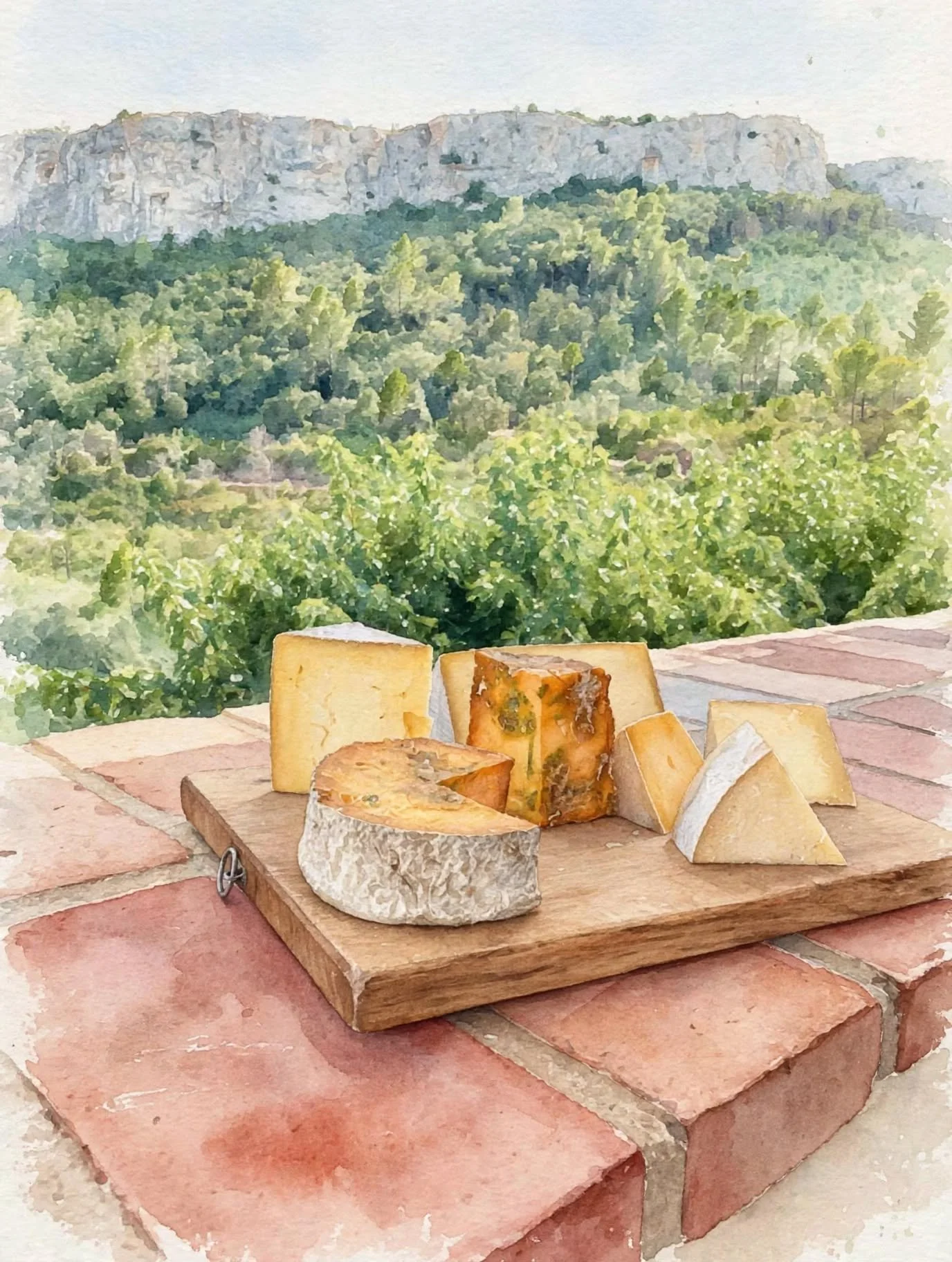 Tabla de madera con diferentes tipos de queso, sobre una encimera de ladrillos. En el fondo, paisaje con árboles y una montaña rocosa.