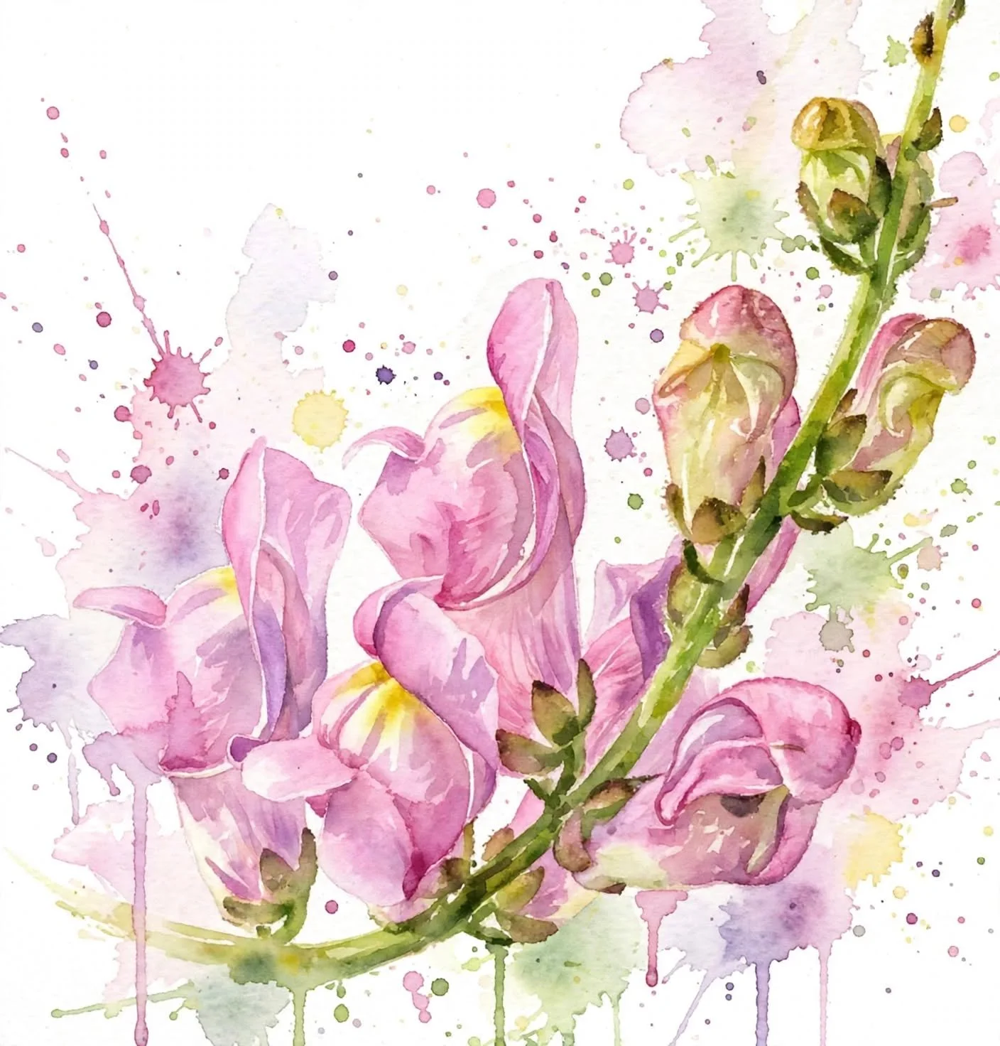 Ilustración de flores en acuarela con salpicaduras de tinta en tonos rosa, morado y verde.