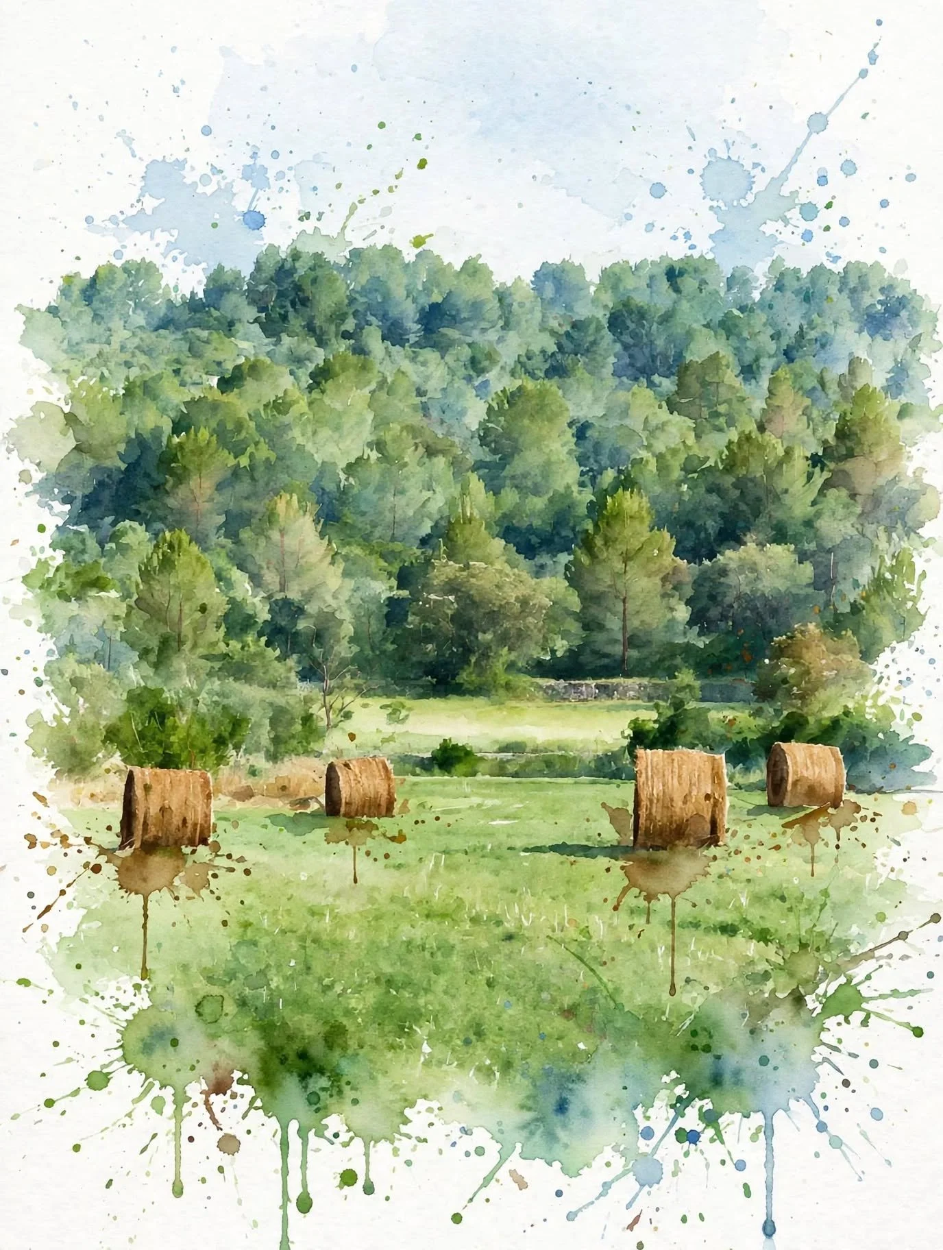 Paisaje de campo con árboles, troncos de madera en primer plano y fondo de colinas y cielo con salpicaduras de pintura.