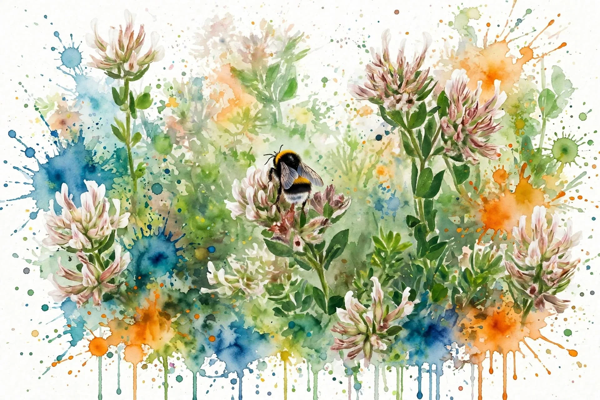 Pintura en acuarela de flores y una abeja en un campo de flores con salpicaduras de tinta de colores vibrantes.