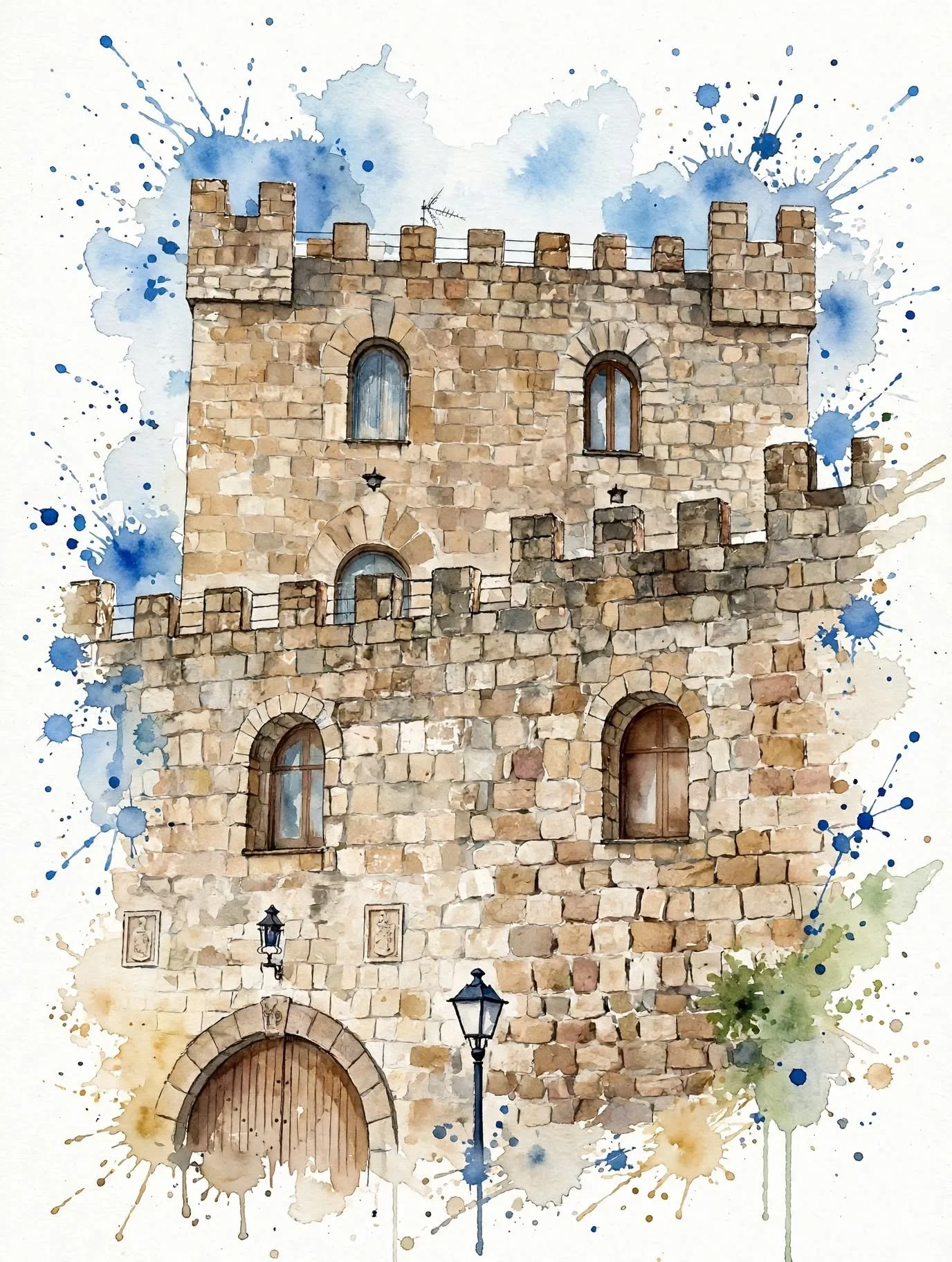 Ilustración de un castillo de piedra con ventanas arqueadas, paredes de ladrillo y torres en la parte superior, rodeado de manchas de acuarela en tonos azules y verdes.