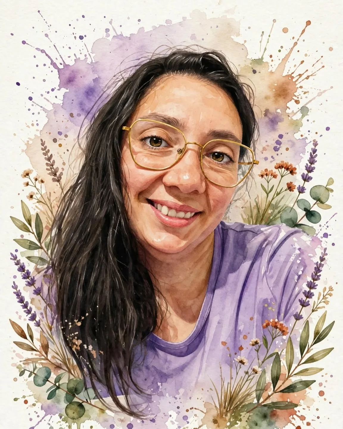 Retrato de una mujer con gafas, sonriendo, con un fondo de acuarela con flores y hojas.