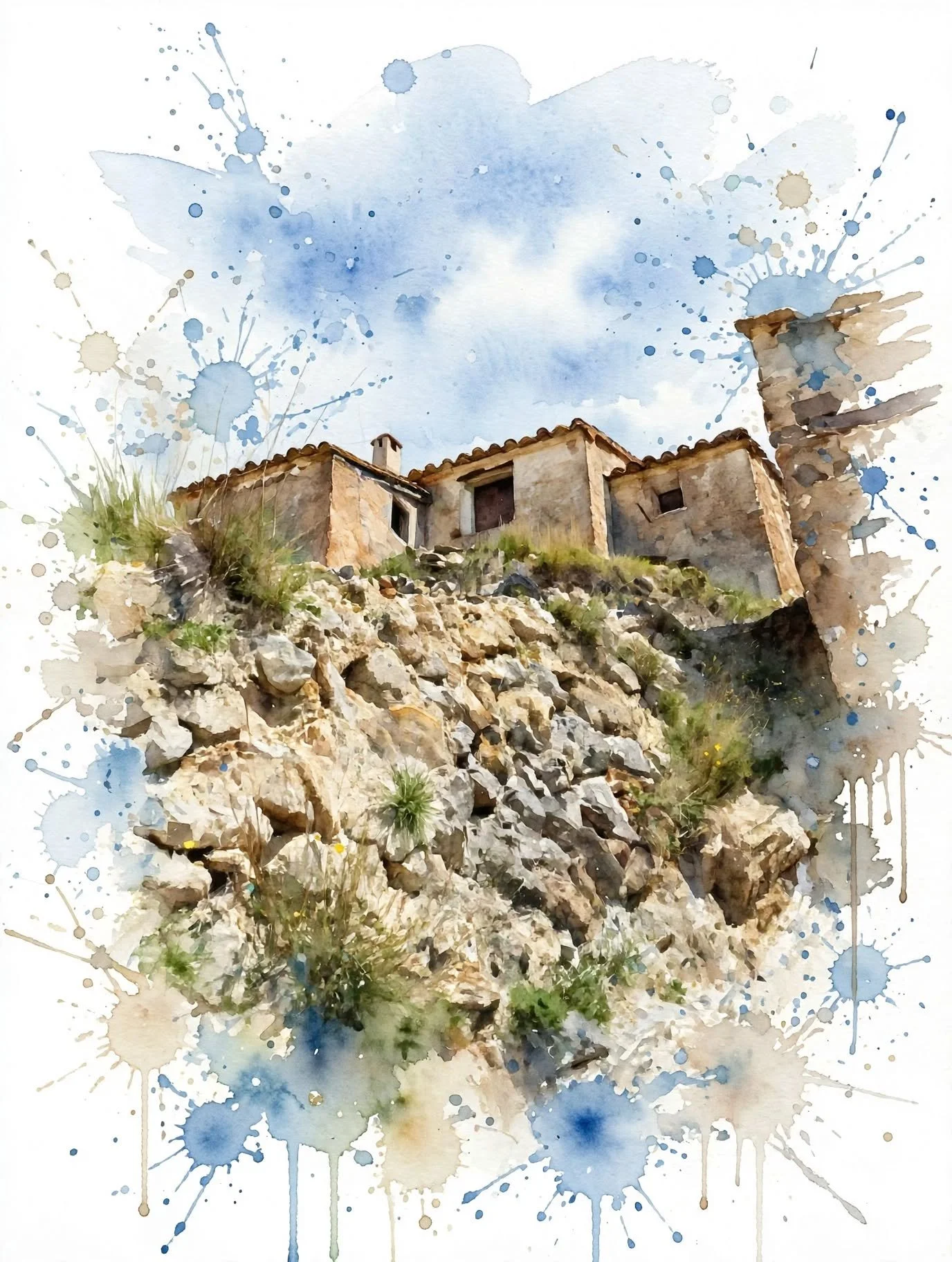 Casa antigua de piedra en una cima rocosa y empinada, con cielo nublado en el fondo y efectos de acuarela que le dan un aspecto artístico.
