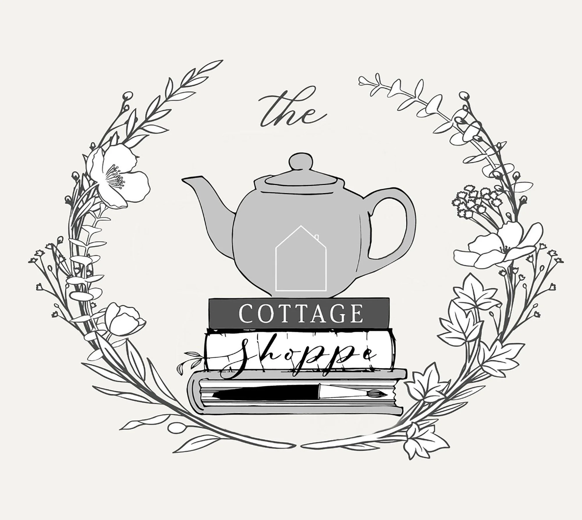 A decorative black and white illustration featuring a teapot, books, and floral elements with the words 'the cottage shoppe' and 'happy'.