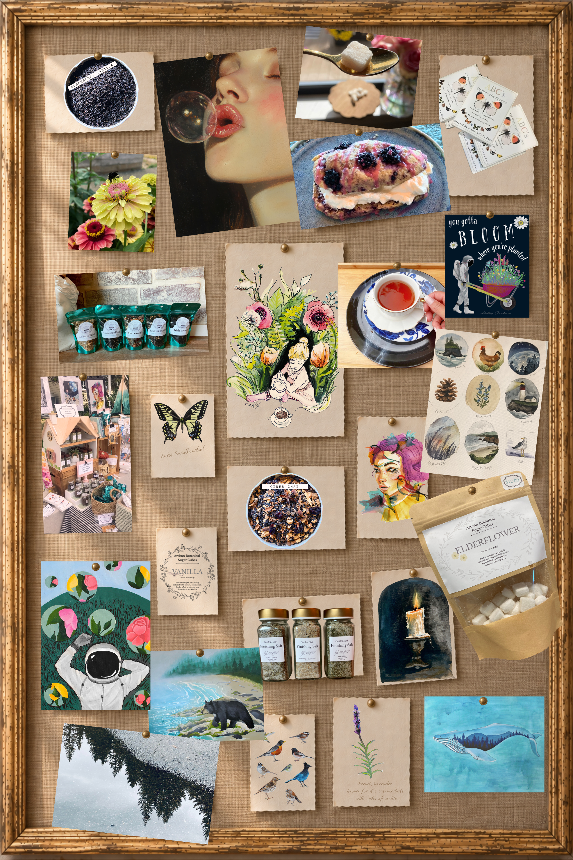 A bulletin board with various photographs, illustrations, and notes. Contains pictures of flowers, a person blowing a bubble, a tea cup, packets of herbs, a bear, birds, a whale, winter landscape, and other artistic images and notes.