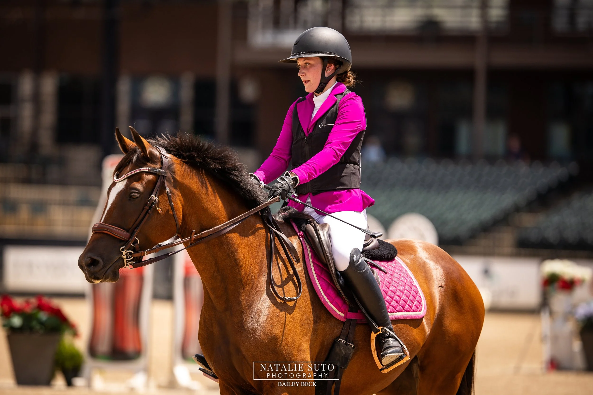 A young woman in bright pink riding attire and black helmet riding a brown horse in an outdoor arena.