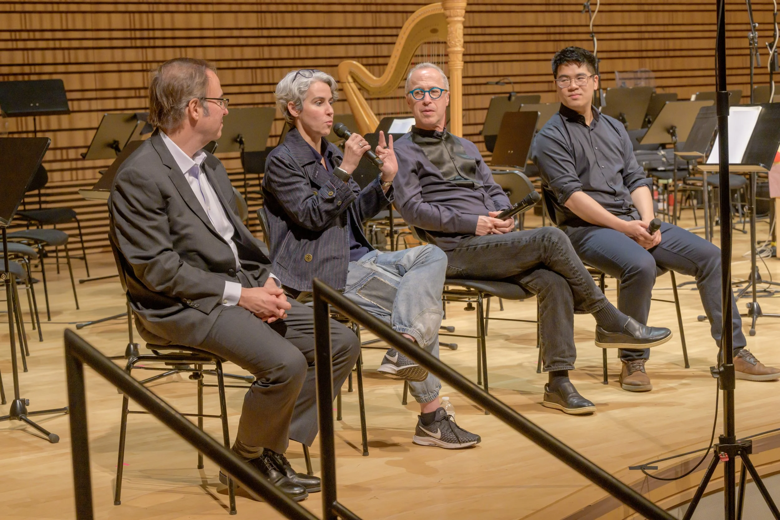  Composers Christopher Theofanidis, Clarice Assad, Music Director David Alan Miller, and Bobby Ge speak during Pre-Concert Talk June 7, 2025 PC: Gary Gold Photography 