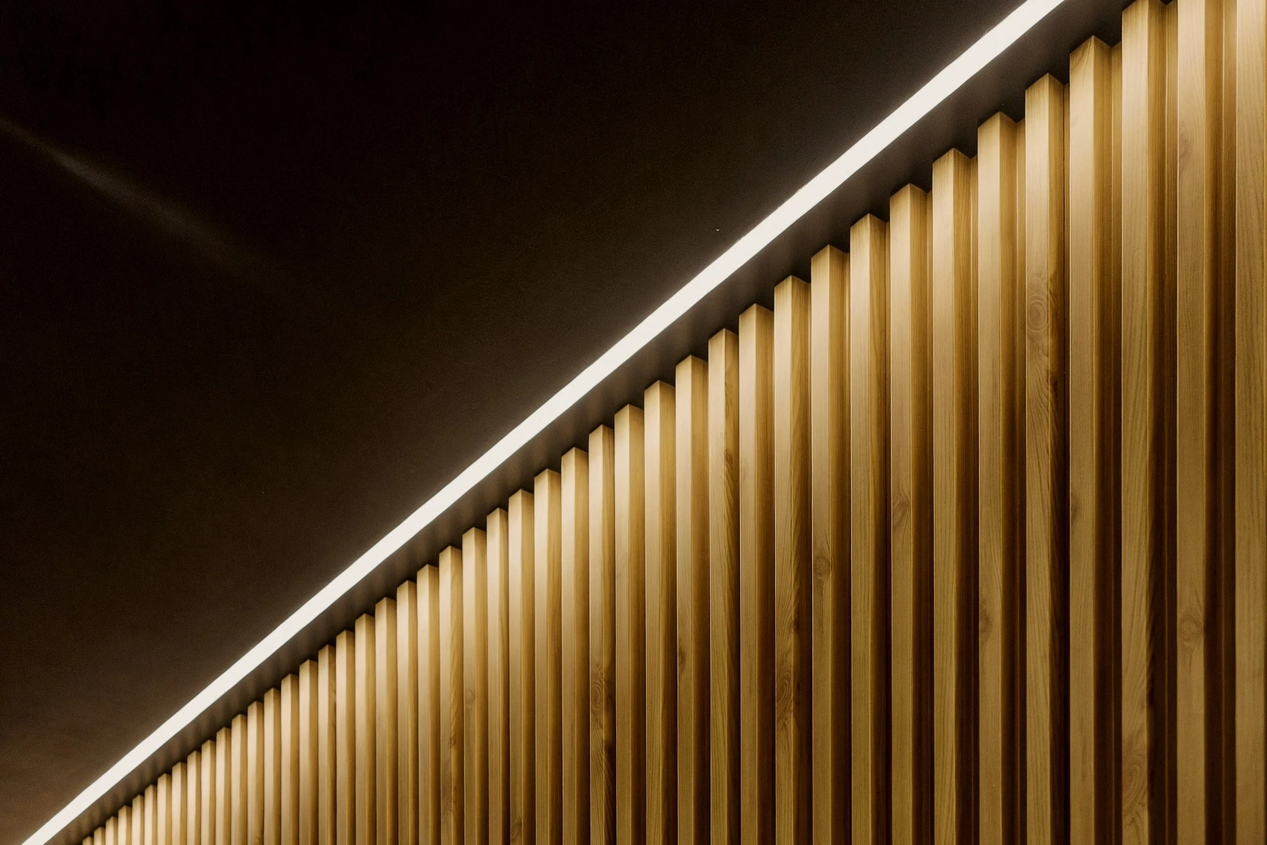 Interior ceiling design with dark and wooden vertical slats divided diagonally by a narrow white strip, creating a modern architectural look.