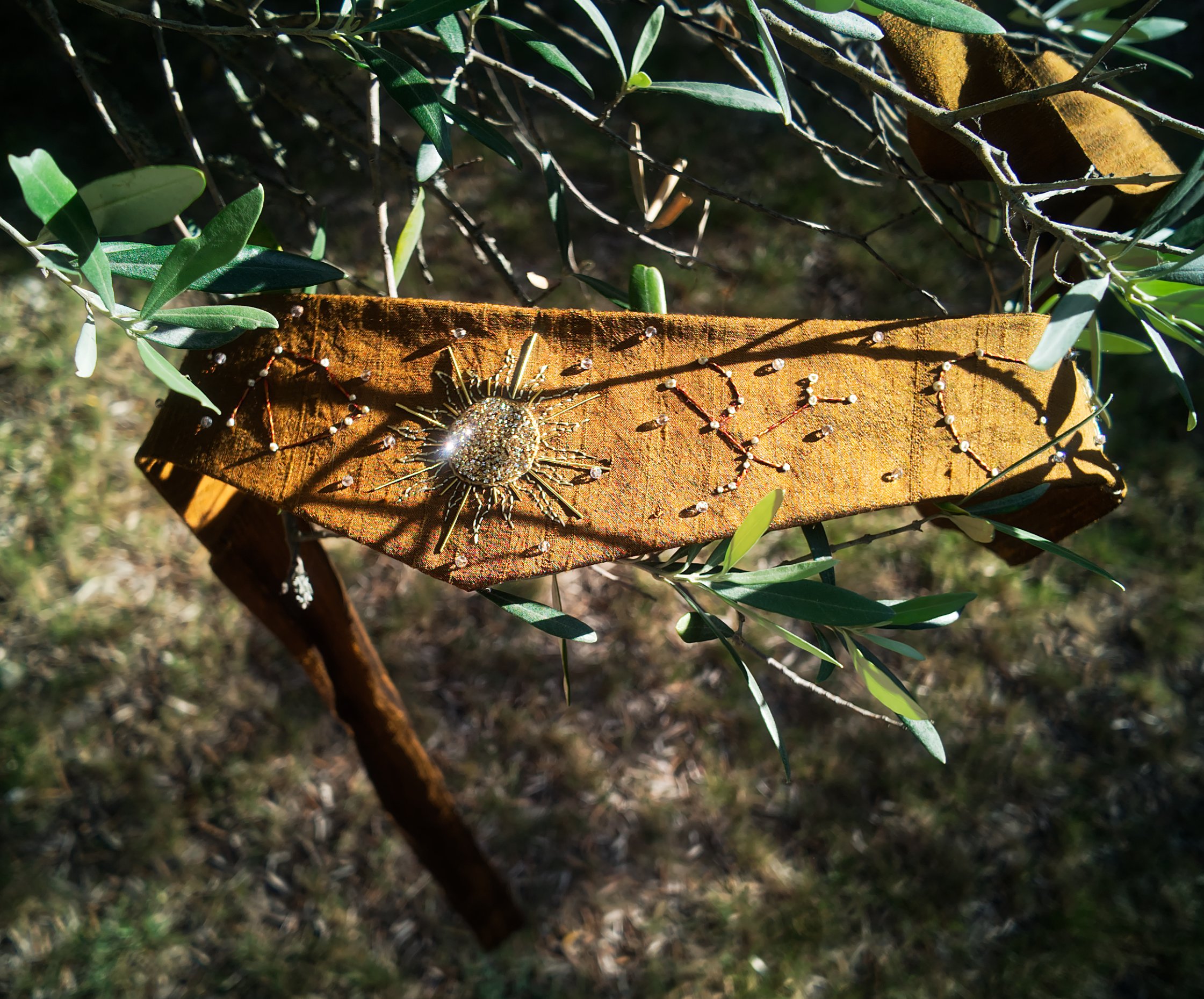 Une branche avec des feuilles vertes, une feuille marron, et une décoration en forme d'araignée brillante, posée sur un morceau de bois.