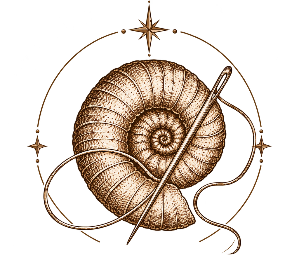 Une illustration d'une grande coquille en spirale, avec une aiguille et un fil qui y sont enroulés, entourée d'un cadre décoratif avec des étoiles et un compas.