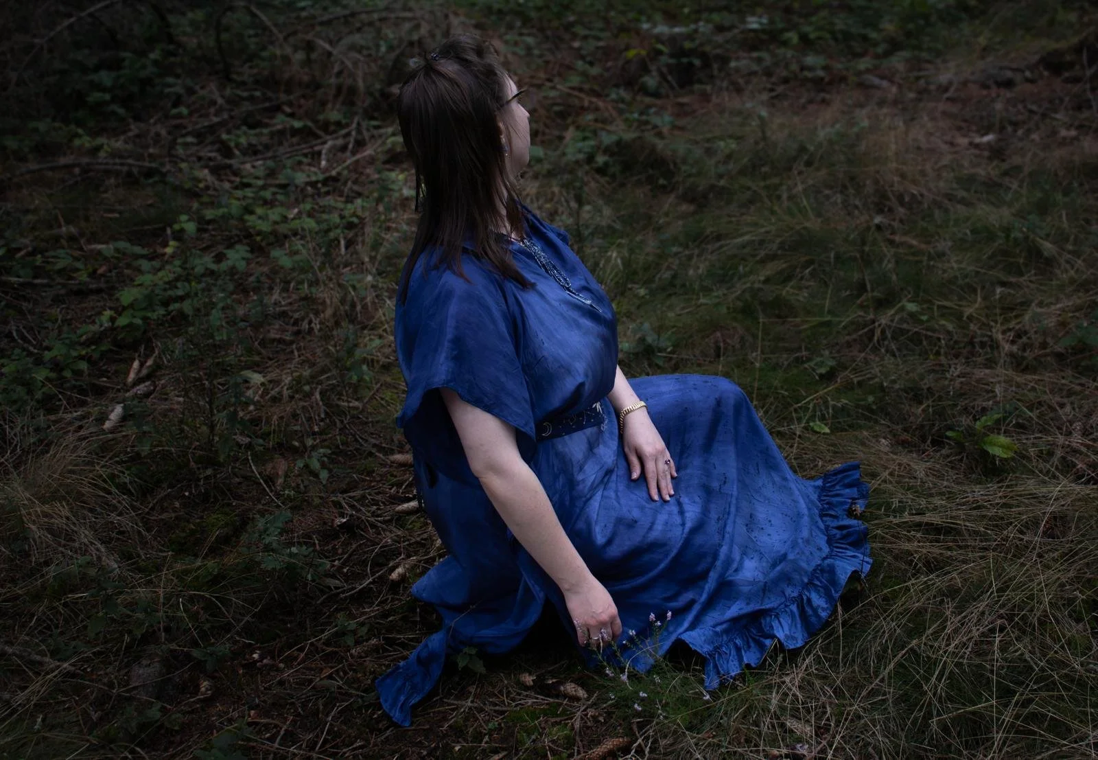 Une femme en robe bleue assise dans une forêt, regardant à gauche.