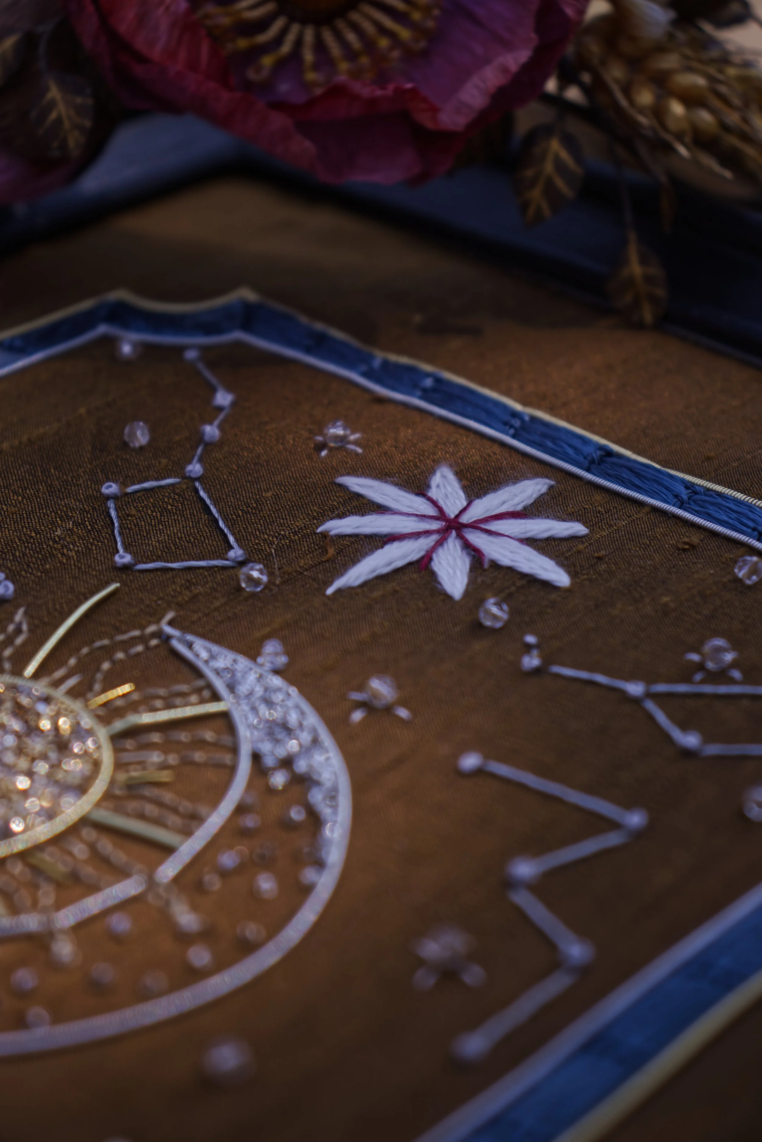 Une décoration de bijoux et d'ornements, comprenant une étoile en broderie blanche, un bijou doré avec des pierres, et un dessin du Ciel avec des étoiles en fil blanc, posés sur une surface marron et recouverte de mystérieux éléments décoratifs.