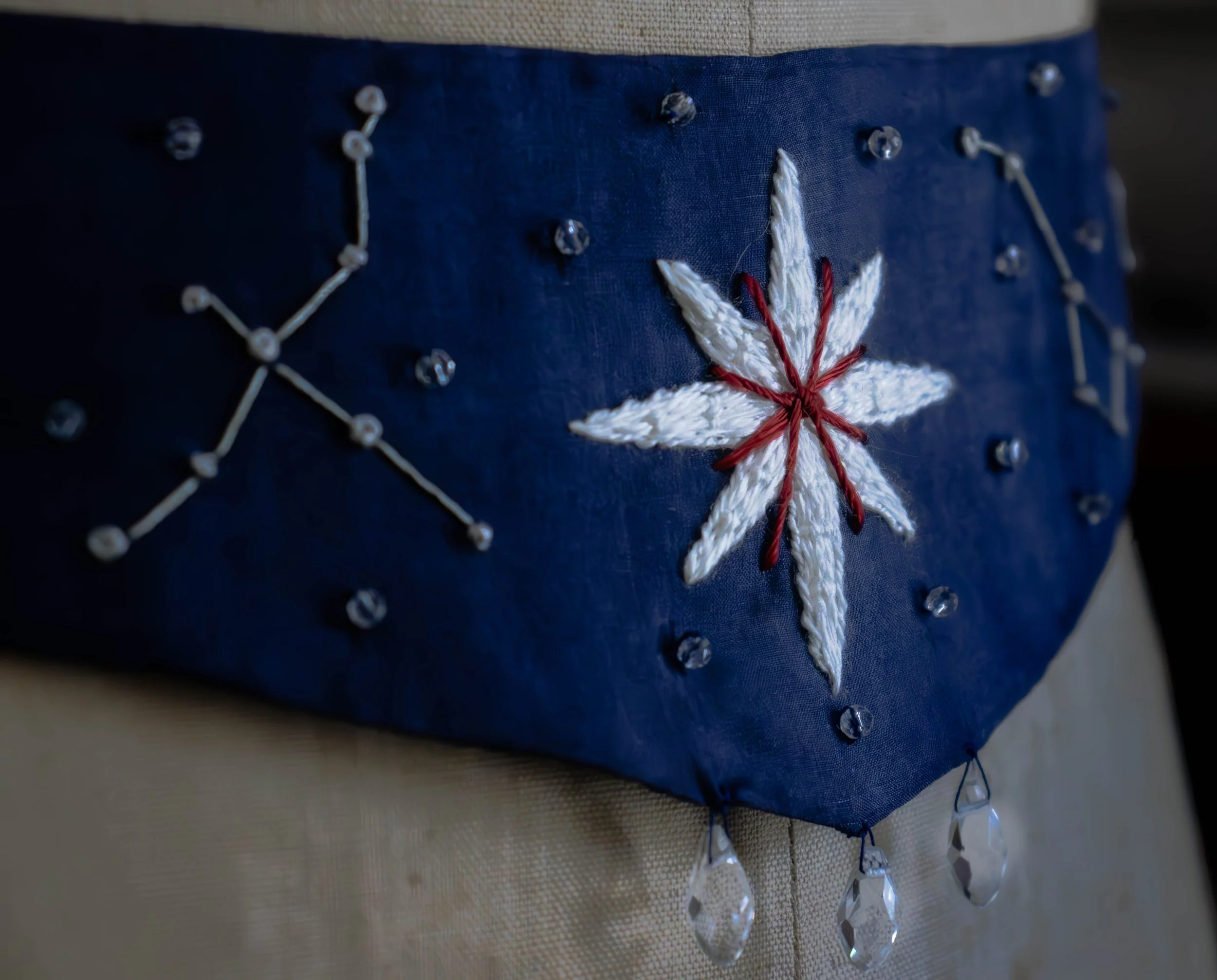 Détail d'un tissu bleu avec une broderie en forme d'étoile blanche liée avec un fil rouge, entourée de petits éléments en forme de cœurs et de lignes.