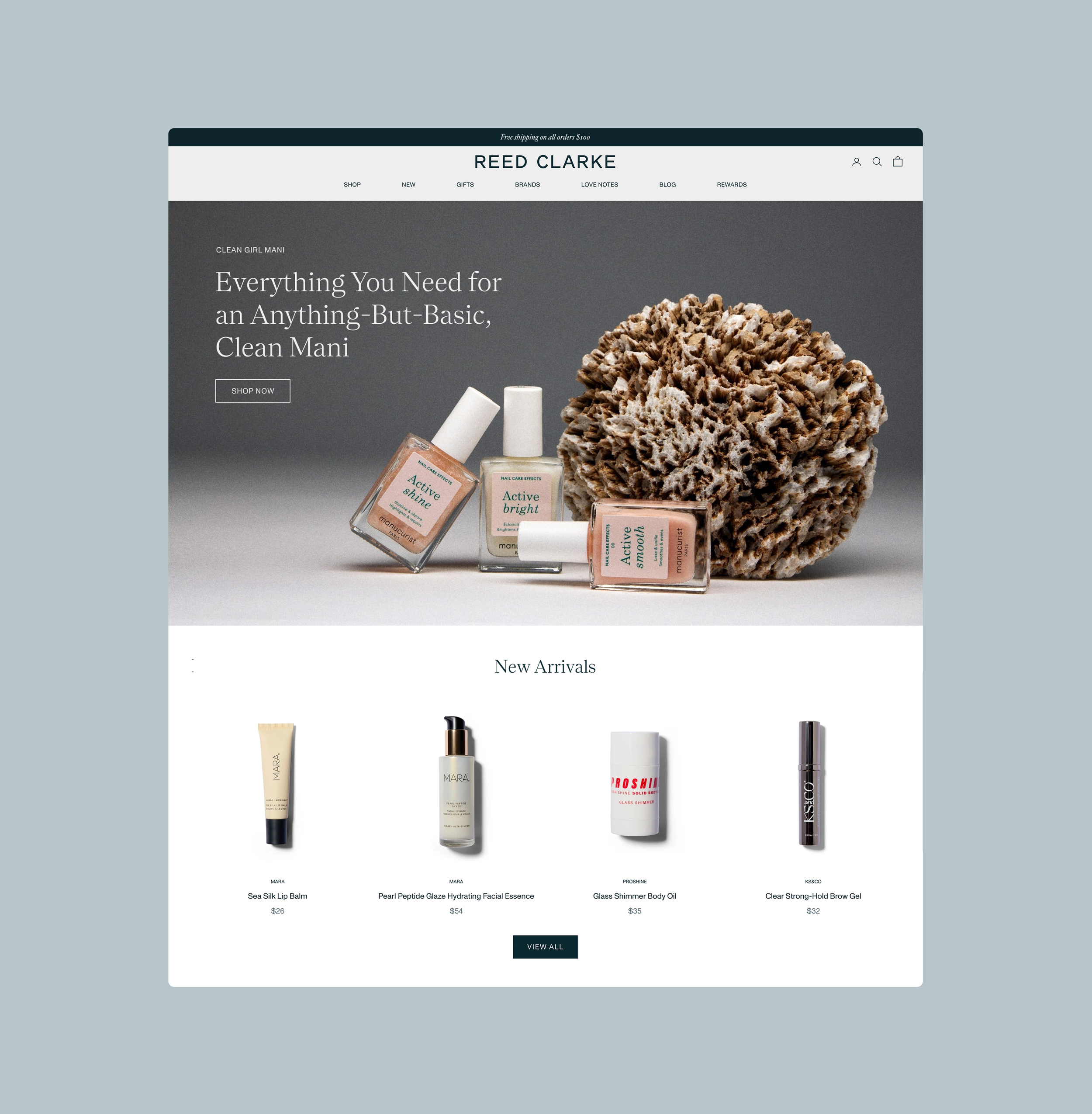 Screenshot of Reed Clarke online store homepage featuring various beauty and skincare products, including lip balm, facial essence, body oil, and brow gel, with product prices listed.