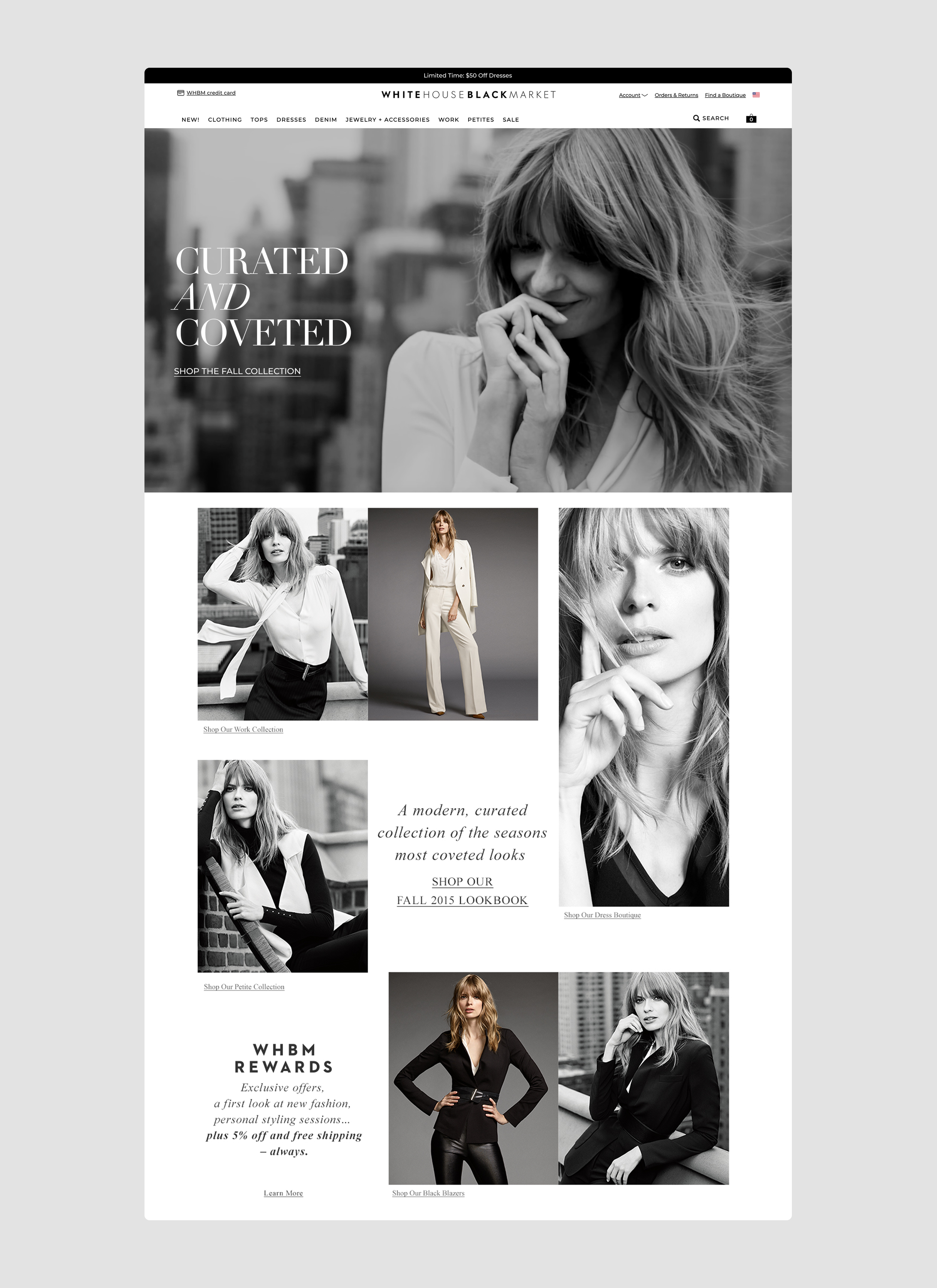 Fashion website homepage featuring black and white photos of women modeling clothing and accessories. The page highlights collections for fall and includes links to shop different styles and collections.