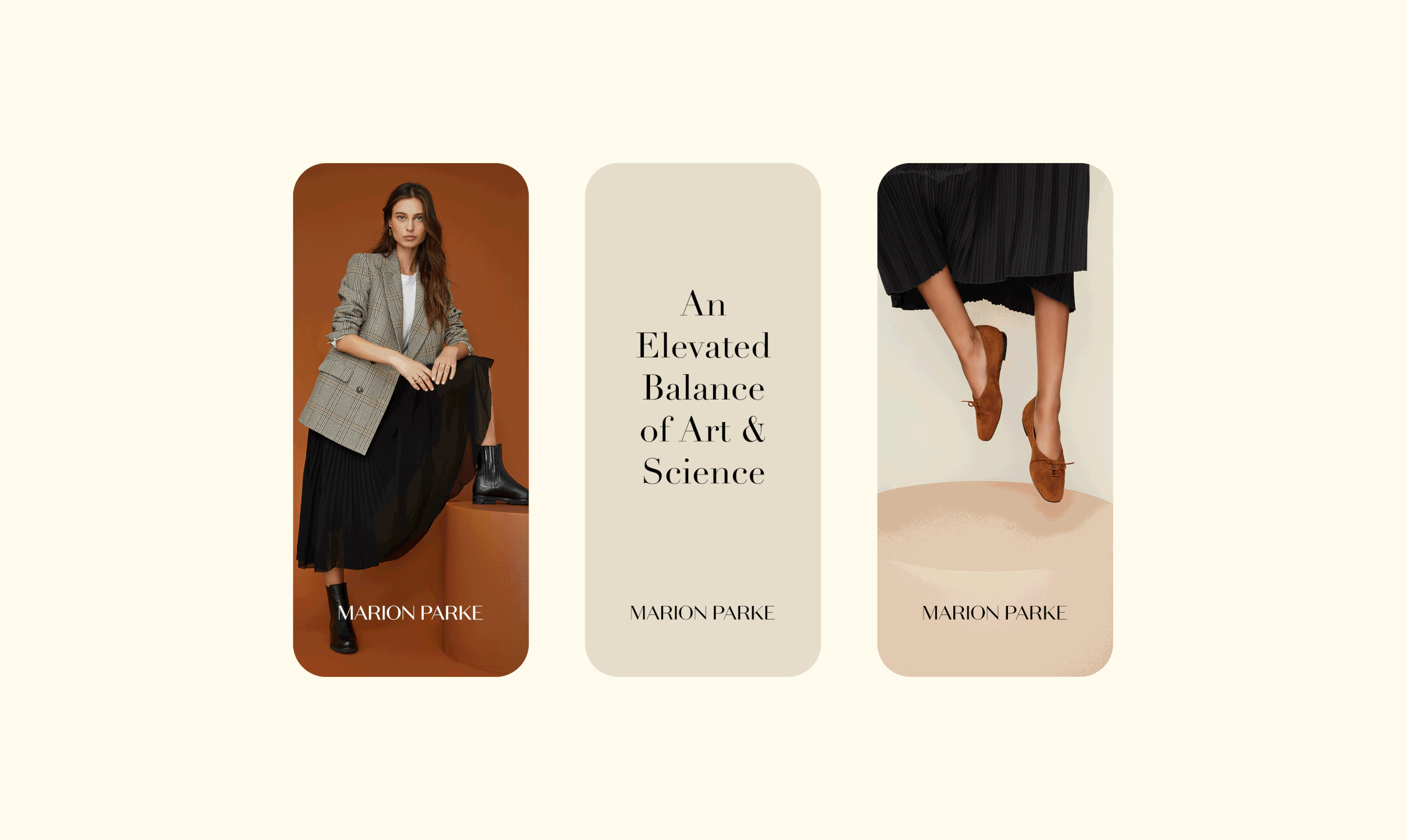 A promotional graphic for Marion Parke featuring three images of women in fashion poses, with text in the center reading "An Elevated Balance of Art & Science". The left image shows a woman in a blazer and skirt, the middle is text, and the right image shows a woman in a black pleated skirt and brown shoes.