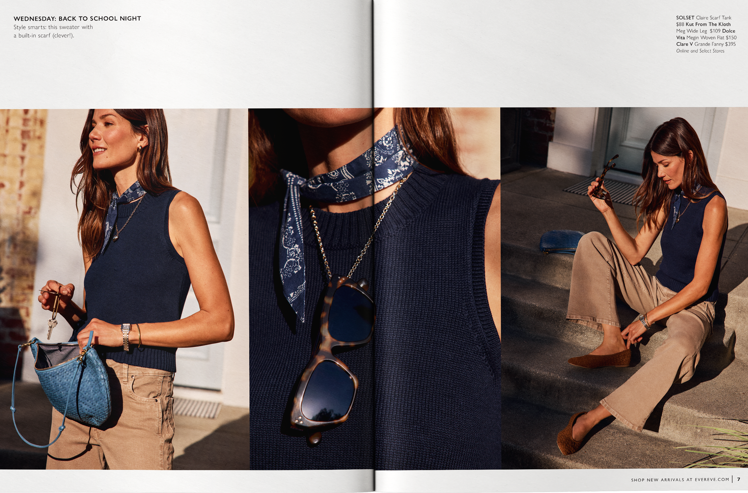 Page from a fashion magazine showcasing a woman in a navy sleeveless top, accessorized with a blue patterned scarf tied around her neck, layered necklaces, sunglasses, a watch, and bracelets. She is holding keys and a blue handbag, with beige pants and brown boots, sitting on a sidewalk outside a building.