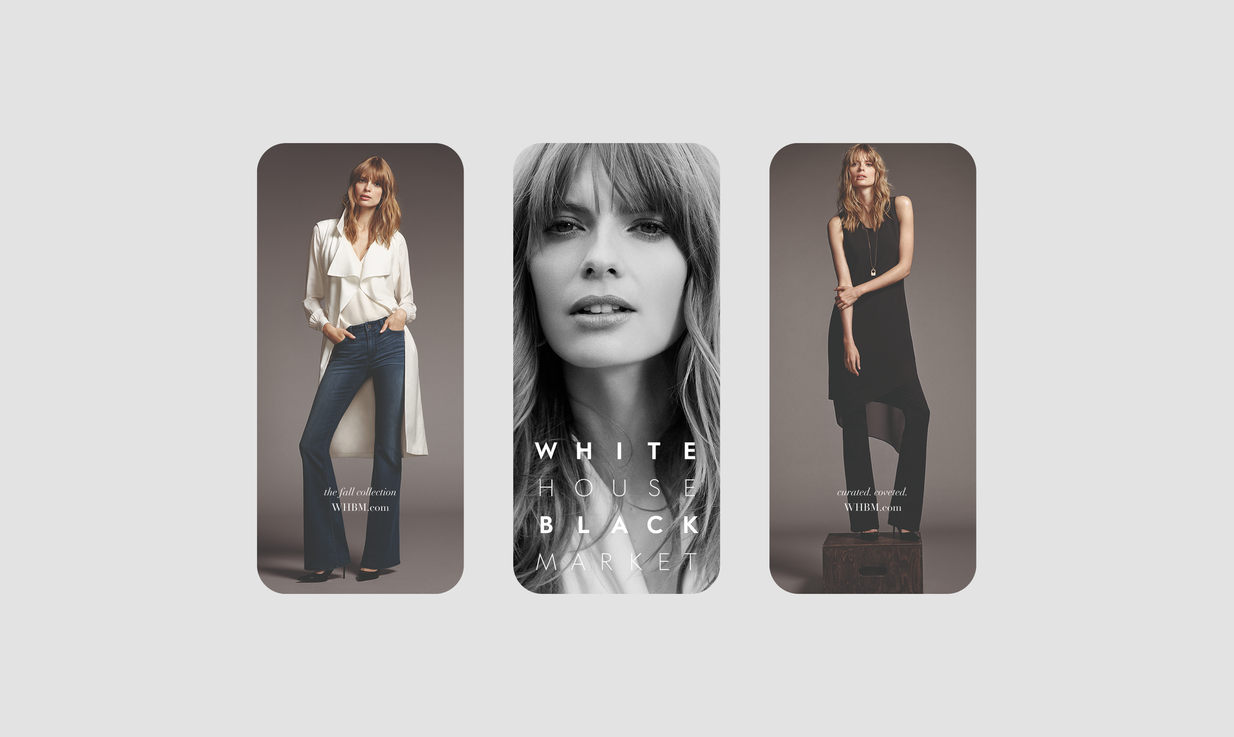Three fashion model posters, two feature women in stylish clothing, with a branding message for White House Black Market in the center.