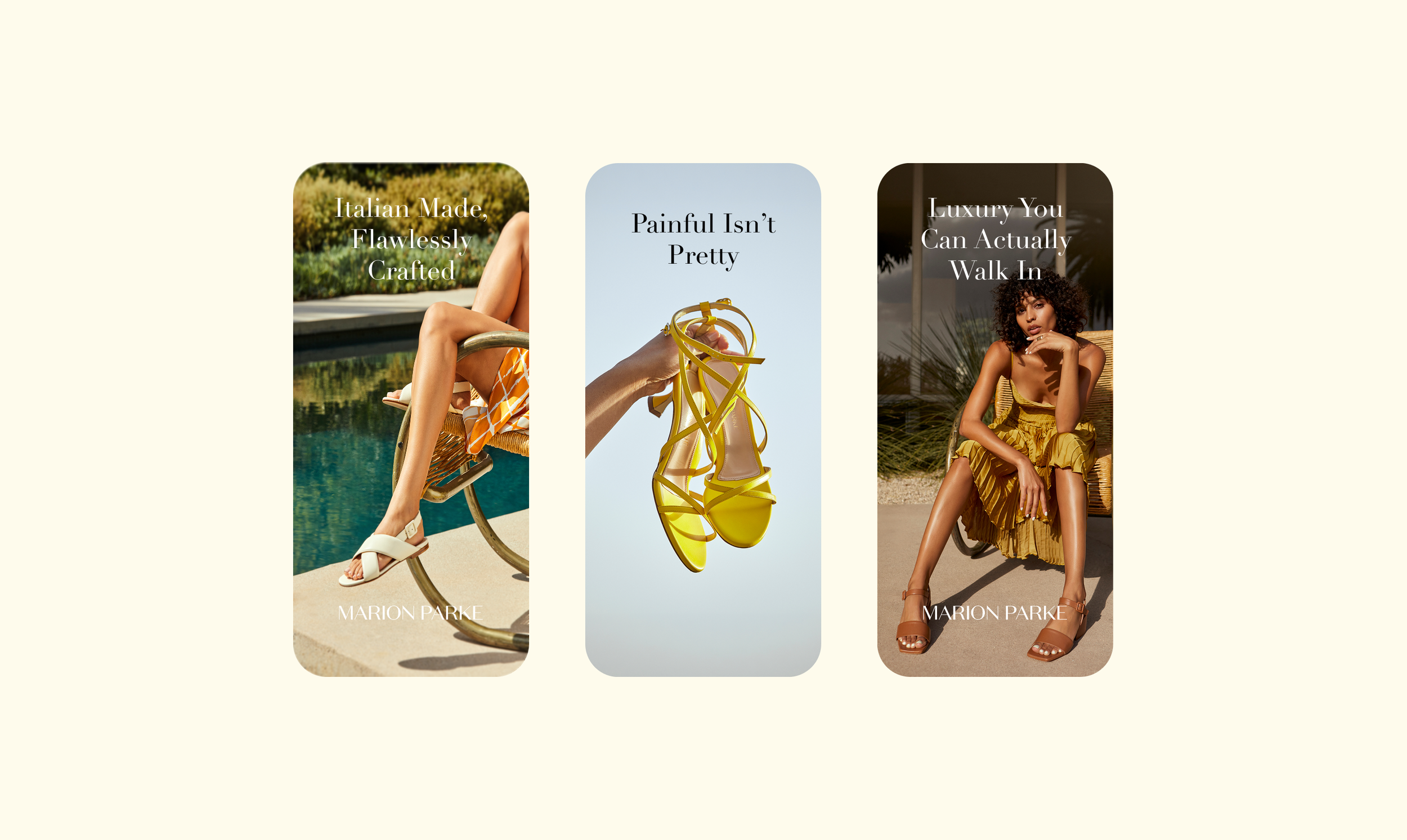 Three vertical images with fashion and footwear, each with the brand name 'Marion Parke'. The first shows a woman with legs crossed by a pool, wearing white sandals and orange patterned clothing. The second features a close-up of yellow strappy heels held against a blue background. The third depicts a woman sitting outside in a yellow outfit with brown sandals.