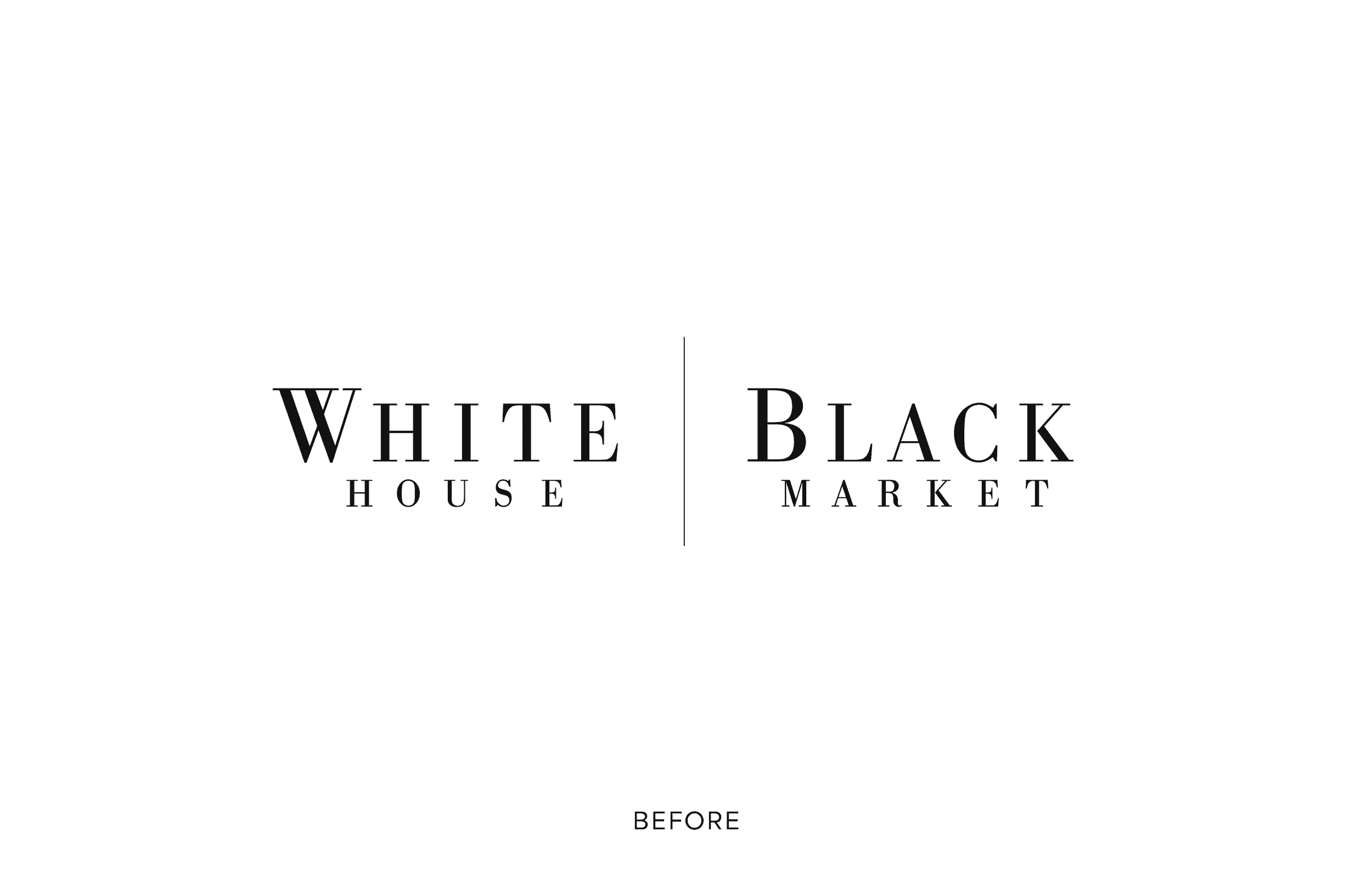 Comparison of a logo design for White House Black Market before and after modification, with the original logo labeled 'BEFORE' at the bottom.
