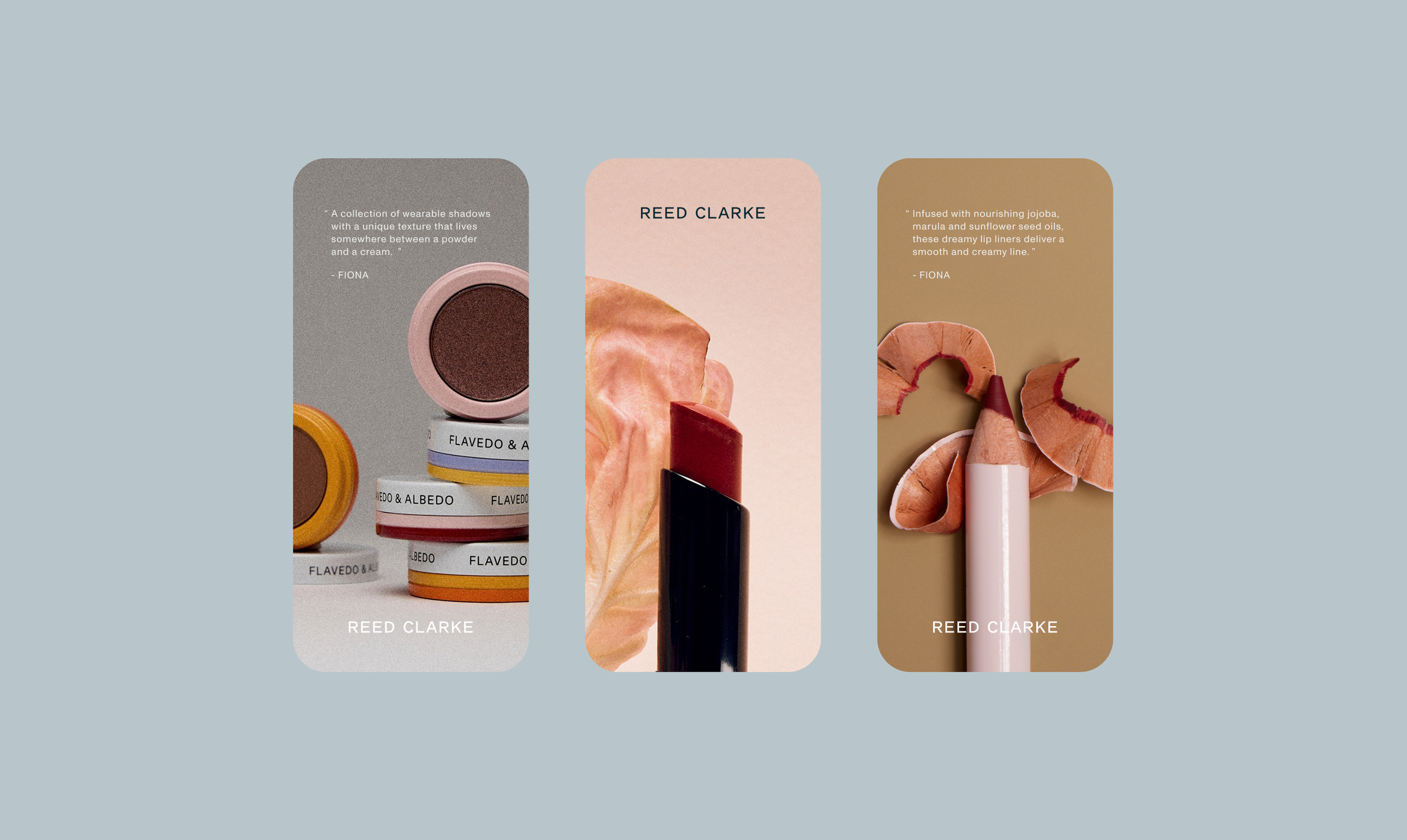 Three vertical panels featuring different cosmetic products. The left panel shows stacked small jars labeled 'Flavedo & Albedo' with shades of brown and yellow. The middle panel displays a lipstick with a peach-colored background. The right panel features a beige lipstick and peeled orange peels on a yellow background.
